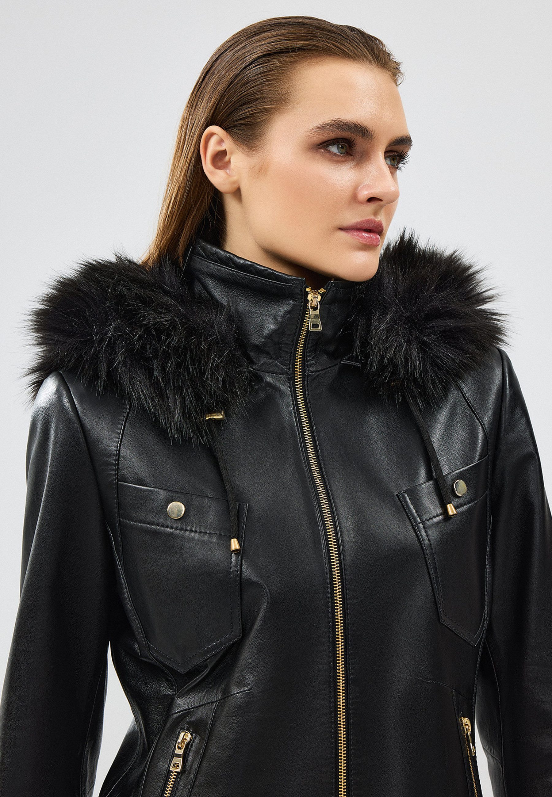 Derimod Lederjacke Meggy Lederjacke mit Kapuze und Fellbesatz