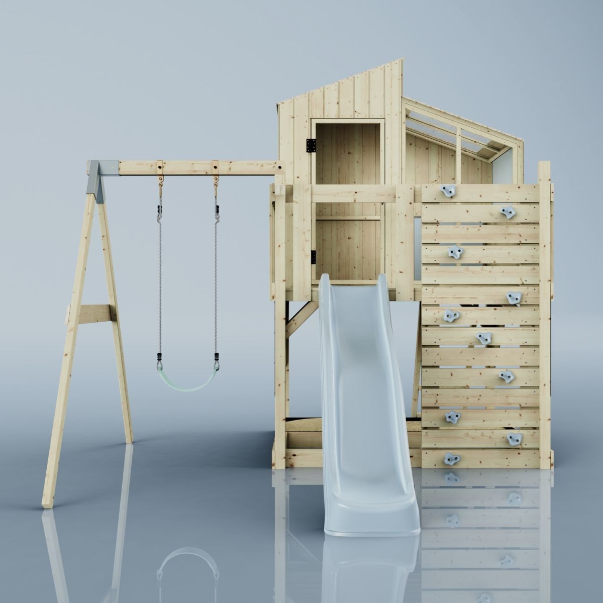 OutdoorToys Spielturm Lotta, aus Holz in Eisblau mit Kinderschaukel & Rutsche, Kletterwand