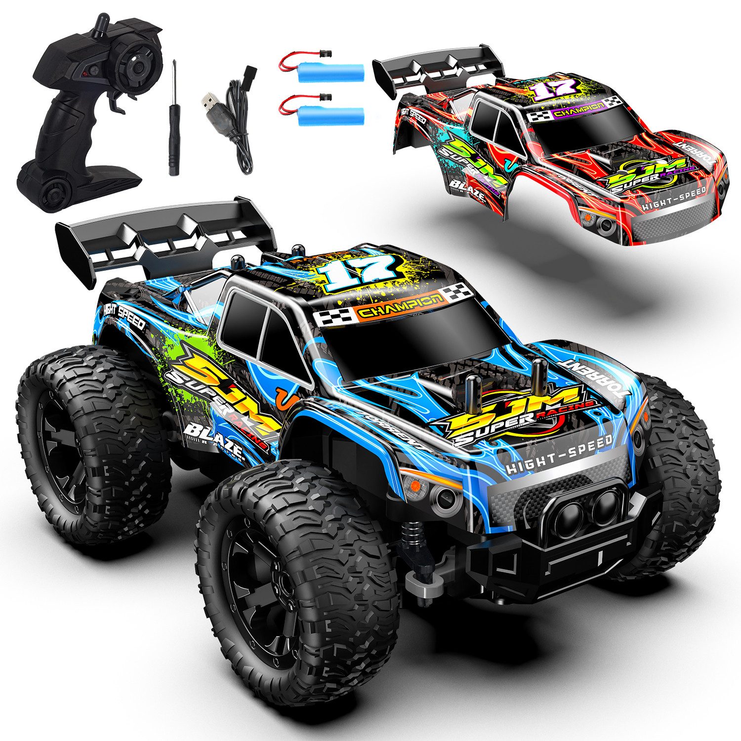 Esun RC-Auto Ferngesteuertes Auto Kinder ab 3 4 5 6 8 Jahre, 1:18 20km/h RC Car (SET, Komplettset), mit Karosserielicht/Zwei Gehäuse, 2,4GHz RC Auto