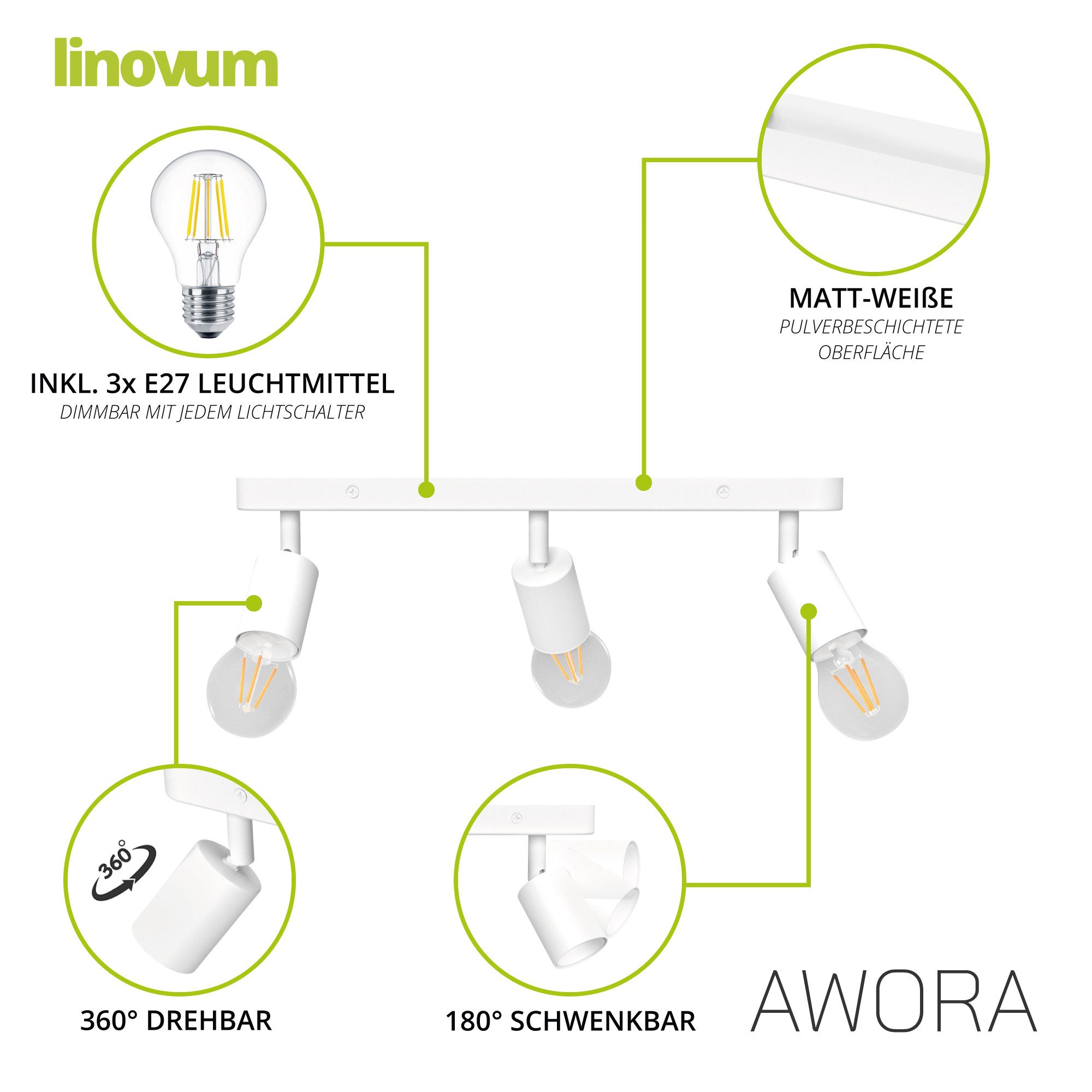 linovum LED Aufbaustrahler AWORA Deckenlampe 3 flammig weiß inkl. E27 fourSTEP LED warmweiß 5W, Warmweiß
