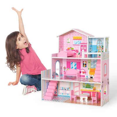 BlingBin Puppenhaus Spielset aus Holz mit Möbeln und Zubehör Traumhaus-Spielzeugset, (1 Set, 1-tlg., 3 Etagen & 10 Möbel & 5 Zimmern), für Mädchen, Puppenvilla Dollhouse Spielzeug für Kinder ab 3 Jahren