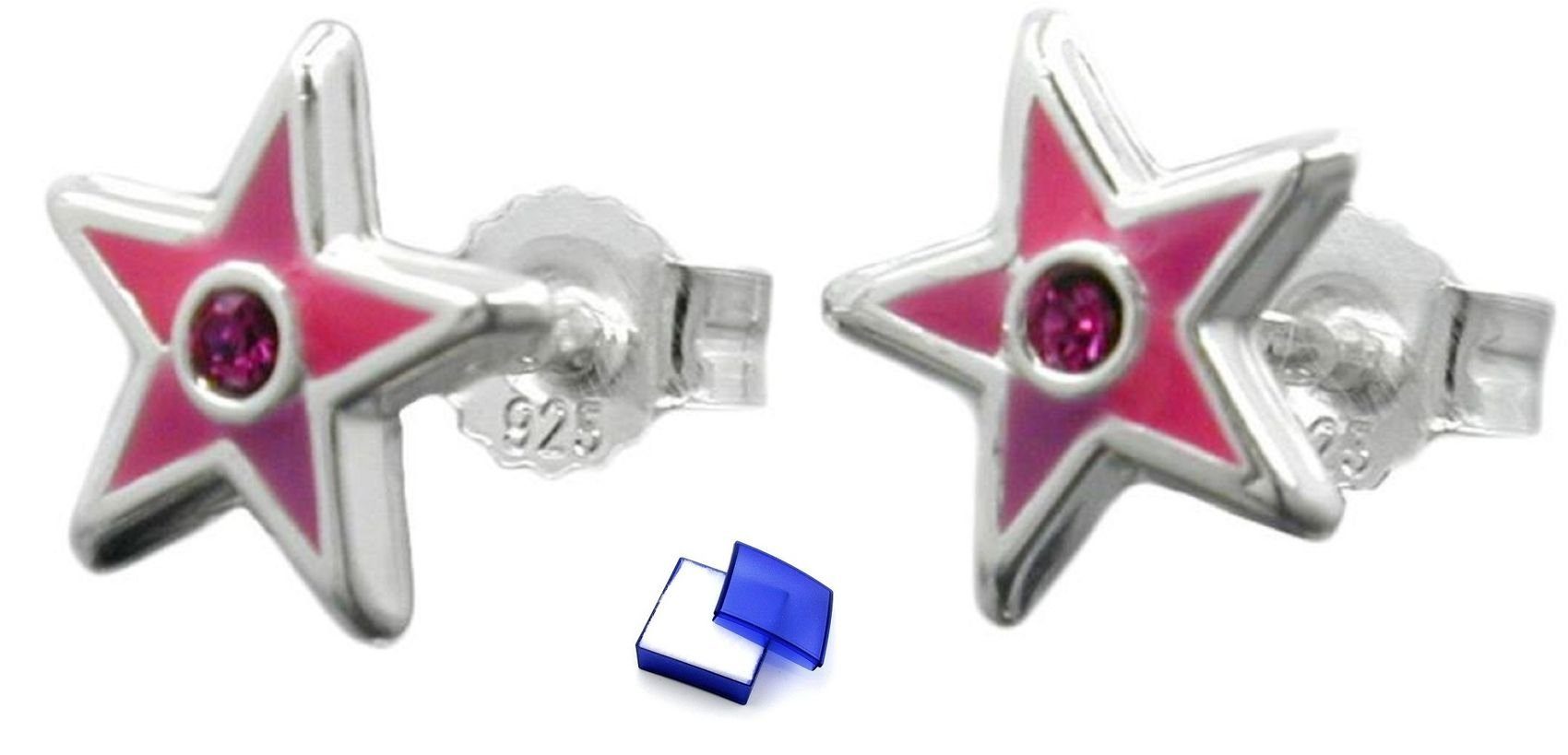 unbespielt Paar Ohrstecker Ohrringe Stecker Kinderohrringe Stern pink lackiert mit rosa Glasstein 925 Silber 8 mm inklusive Schmuckbox, Silberschmuck für Kinder