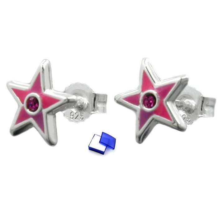 unbespielt Paar Ohrstecker Ohrringe Stecker Kinderohrringe Stern pink lackiert mit rosa Glasstein 925 Silber 8 mm inklusive Schmuckbox Silberschmuck für Kinder