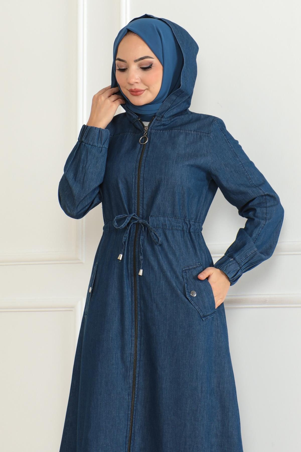 MODAMİHRAM Maxikleid Dunkelblaue Denim-Tunika mit Schnürdetail 19226 günstig online kaufen