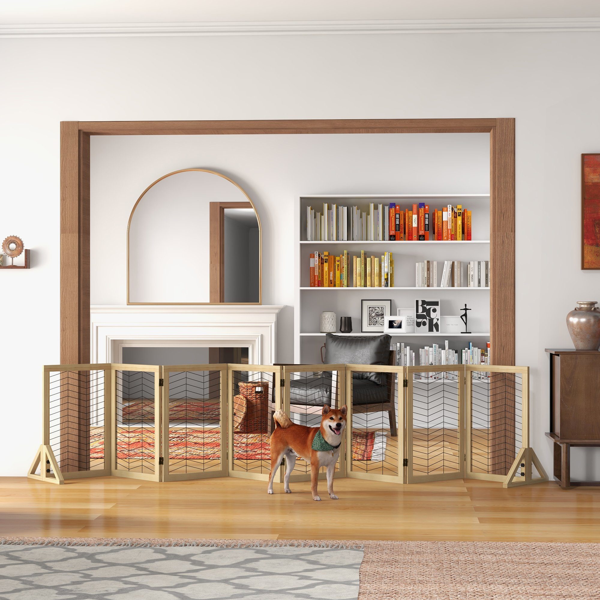 PawHut Hundegitter Klappbares Hundegitter mit 4 Platten (Hundeabsperrgitter, 1 St., Treppenschutzgitter), Naturholz 375 x 44 x 70 cm