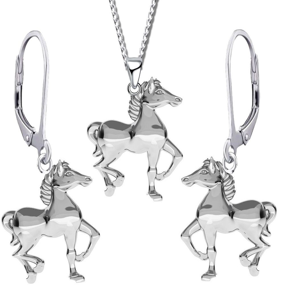 Pferde Ohrringe 925 und Ketten Limana Sterling echt Set Ohrring Halskette, Ohrhänger hängende Geschenkidee Silber
