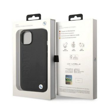 BMW Handyhülle Case iPhone 14 MagSafe kompatibel Echtleder schwarz 6,1 Zoll, Kantenschutz