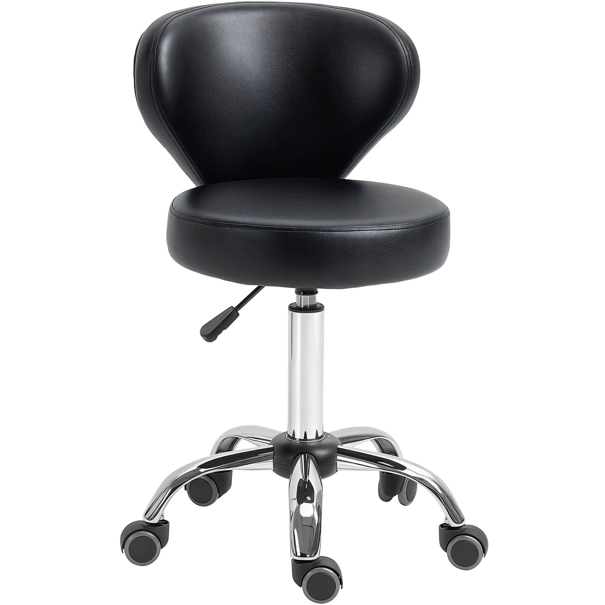 HOMCOM Rollsitz Rollhocker höhenverstellbar Salon Hocker mit Lehne (Arbeitshocker, 1 St., Drehhocker), für Büro, Wohnzimmer, Kunstleder, 45 x 54 x 73-88 cm, Schwarz