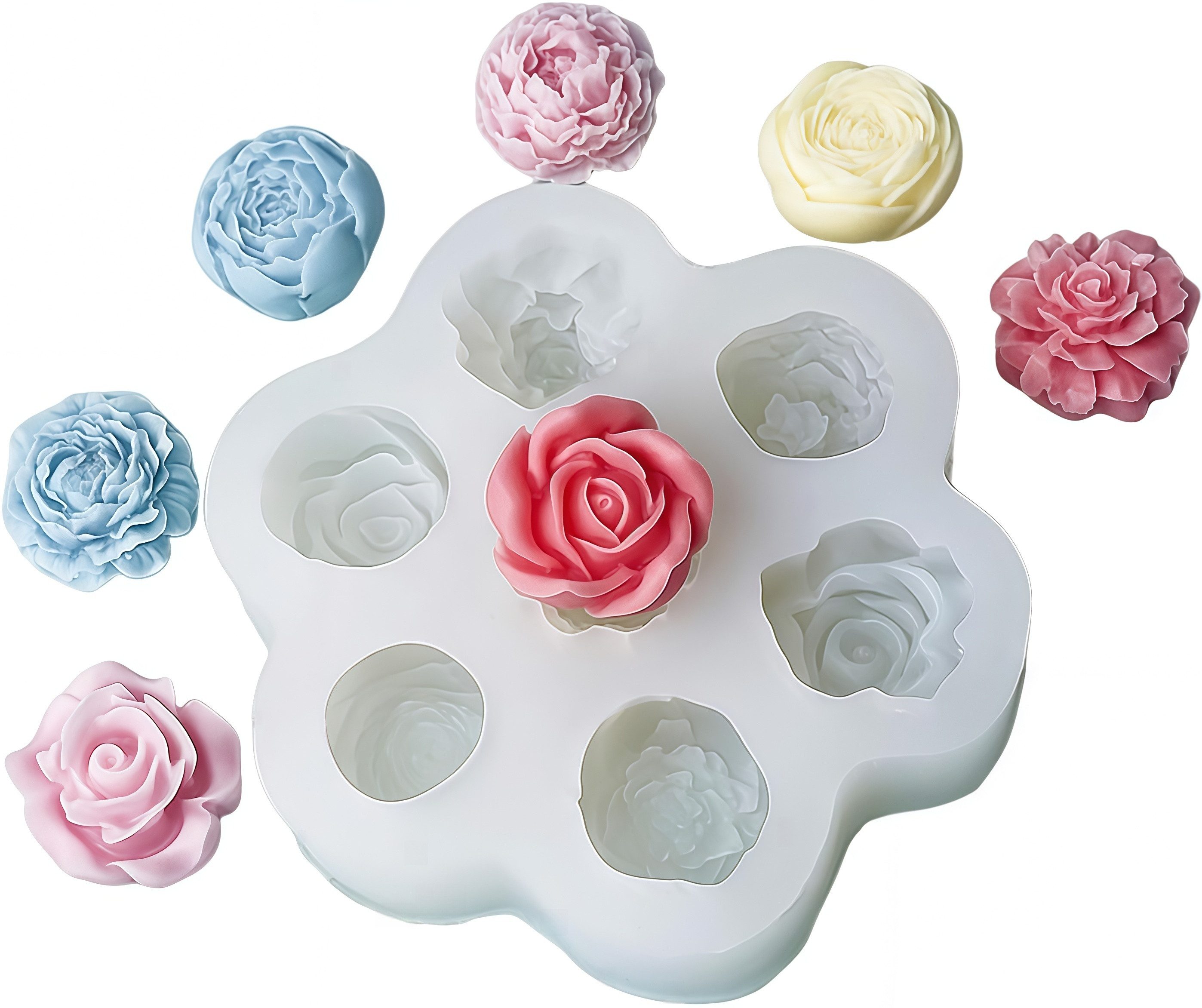 FOUORTUNATE-BEE Silikonform 7-fach Rosen Silikonform für Mini-Blumenkerzen, (1-tlg), Silikonform mit 7 Rosen für kleine Kerzen & Deko