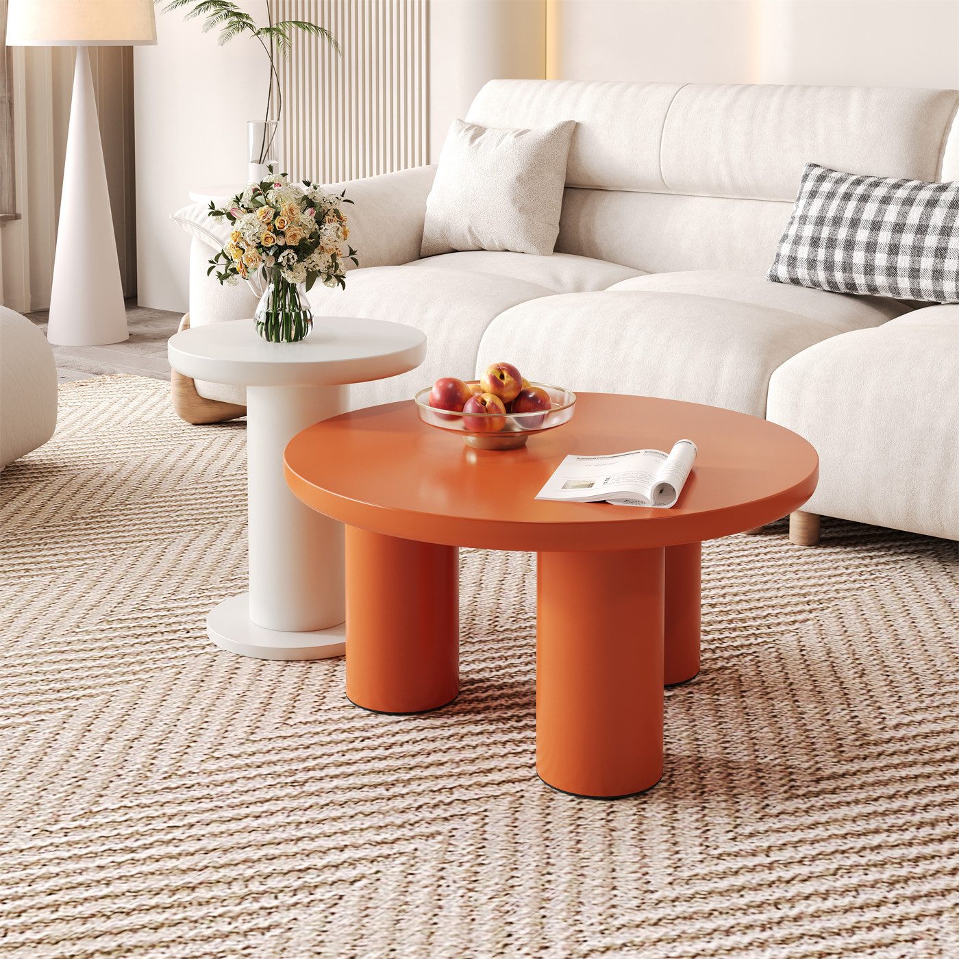 autolock Couchtisch Rundes Couchtisch-Set,lackierte MDF-Platte und PVC-Beine,Sofatisch, Couchtisch-Set in Kombination im cremefarbenen Stil, Beistelltisch