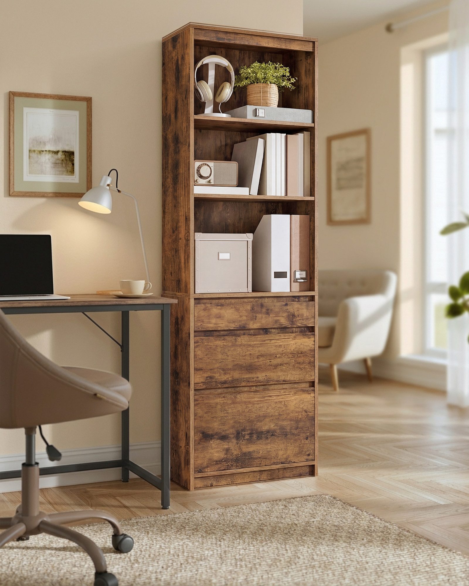 VASAGLE Bücherregal Standregal, Hochschrank, 3 Schubladen, verstellbare Ablagen