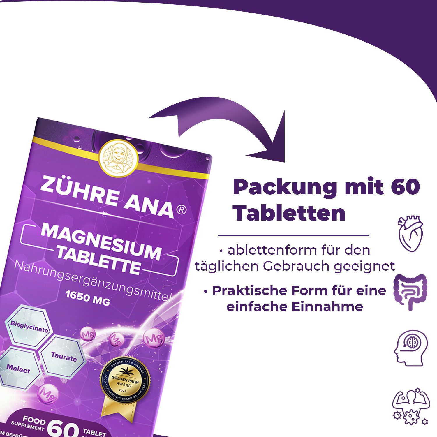 Zühre Ana® Magnesium Tabletten – Ausgewogene und starke Ergänzungsformel Kapseln, 60 St., 60 g, Magnesium 60 Tabletten – Ausgewogene und starke Ergänzungsformel
