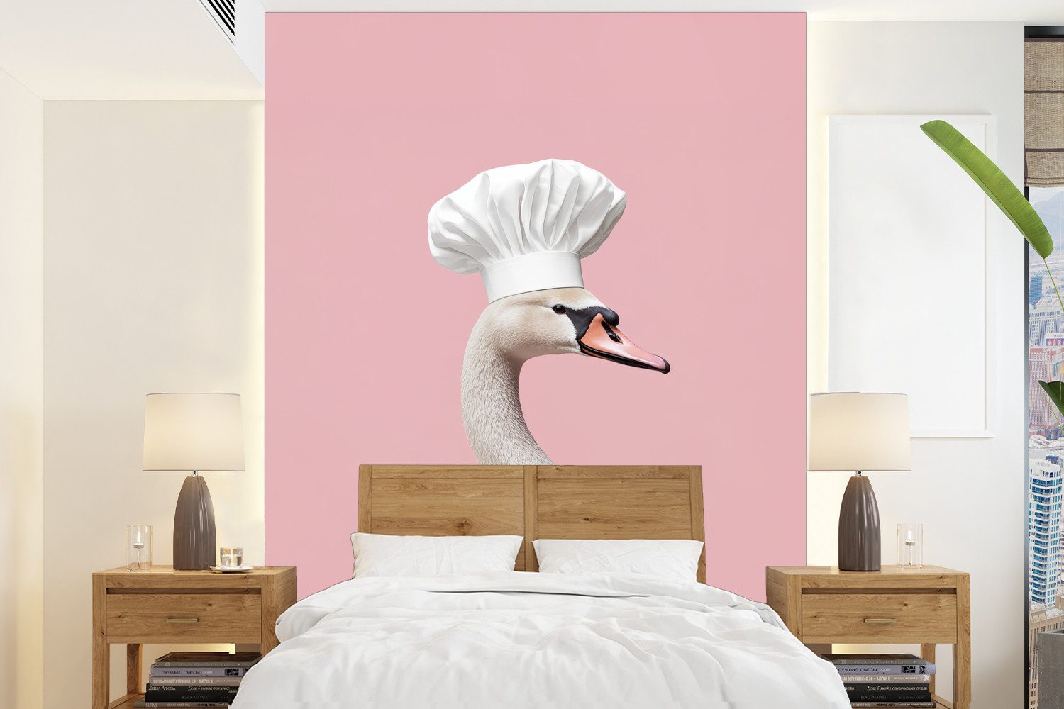 MuchoWow Fototapete Schwan - Kochmütze - Schön - Klassisch, Matt, bedruckt, Wallpaper für Wohnzimmer, Schlafzimmer, Vinyl Tapete, 165x220 cm