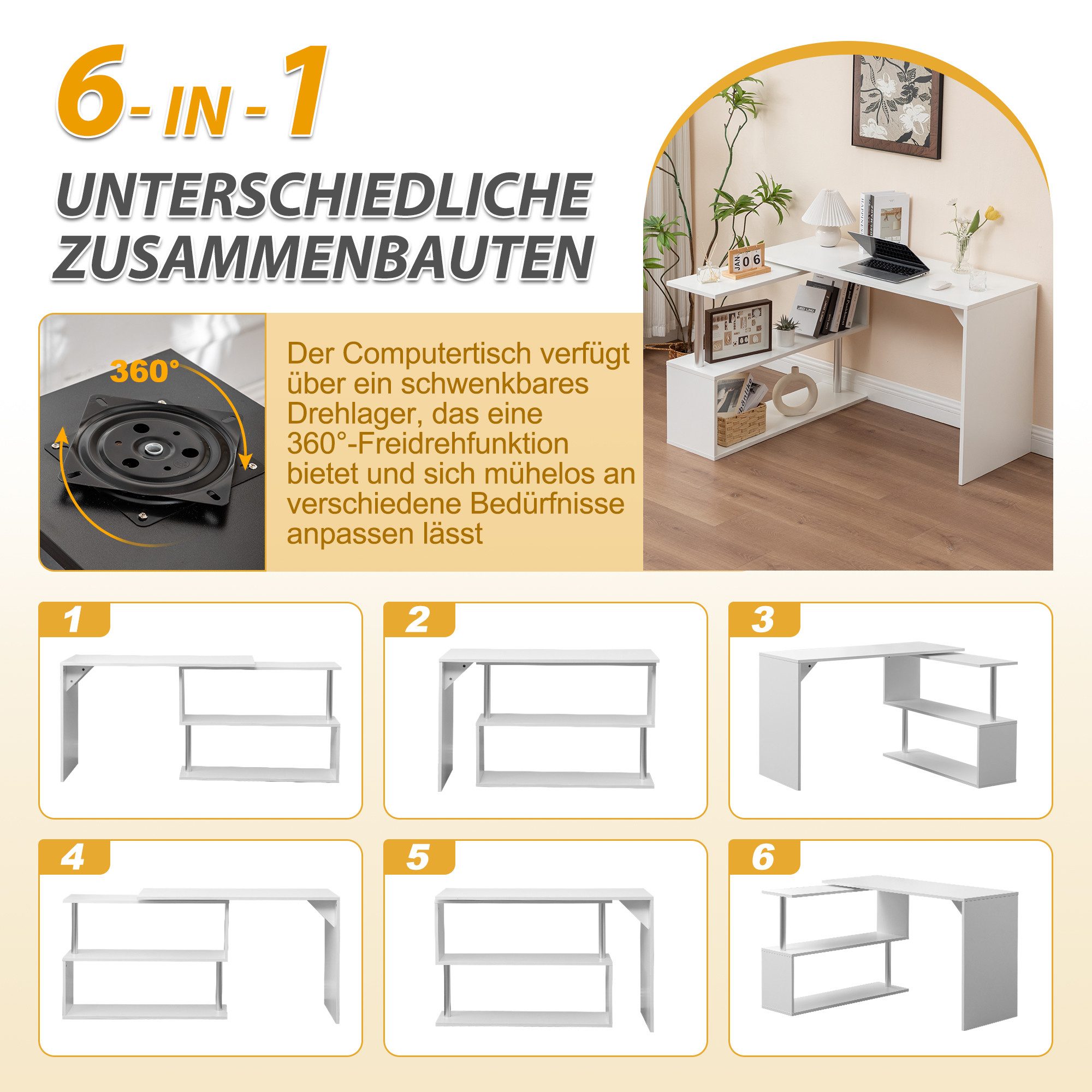 Thanaddo Eckschreibtisch Computertisch L-Förmig mit 360 Grad Bücherregal fü günstig online kaufen