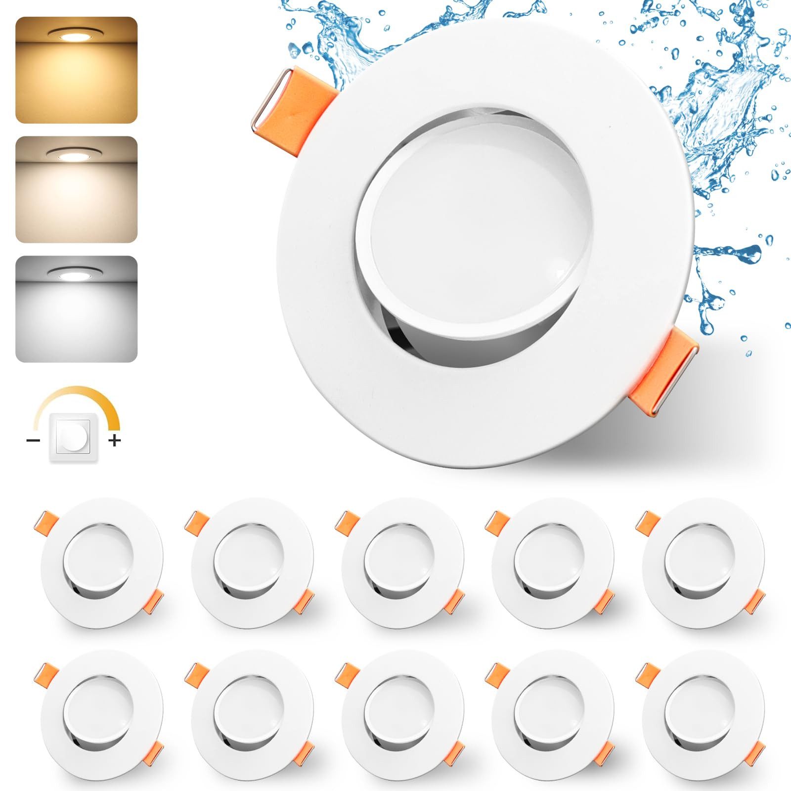 GeyouLux LED Einbaustrahler Dimmbar 68-80mm 4.9W Ultra Flach LED Spots, 45°Schwenkbar, warmweiß, neutralweiß, kaltweiß, Deckenspots, Einbauleuchten Küche Spots Deckenleuchte 10er Set