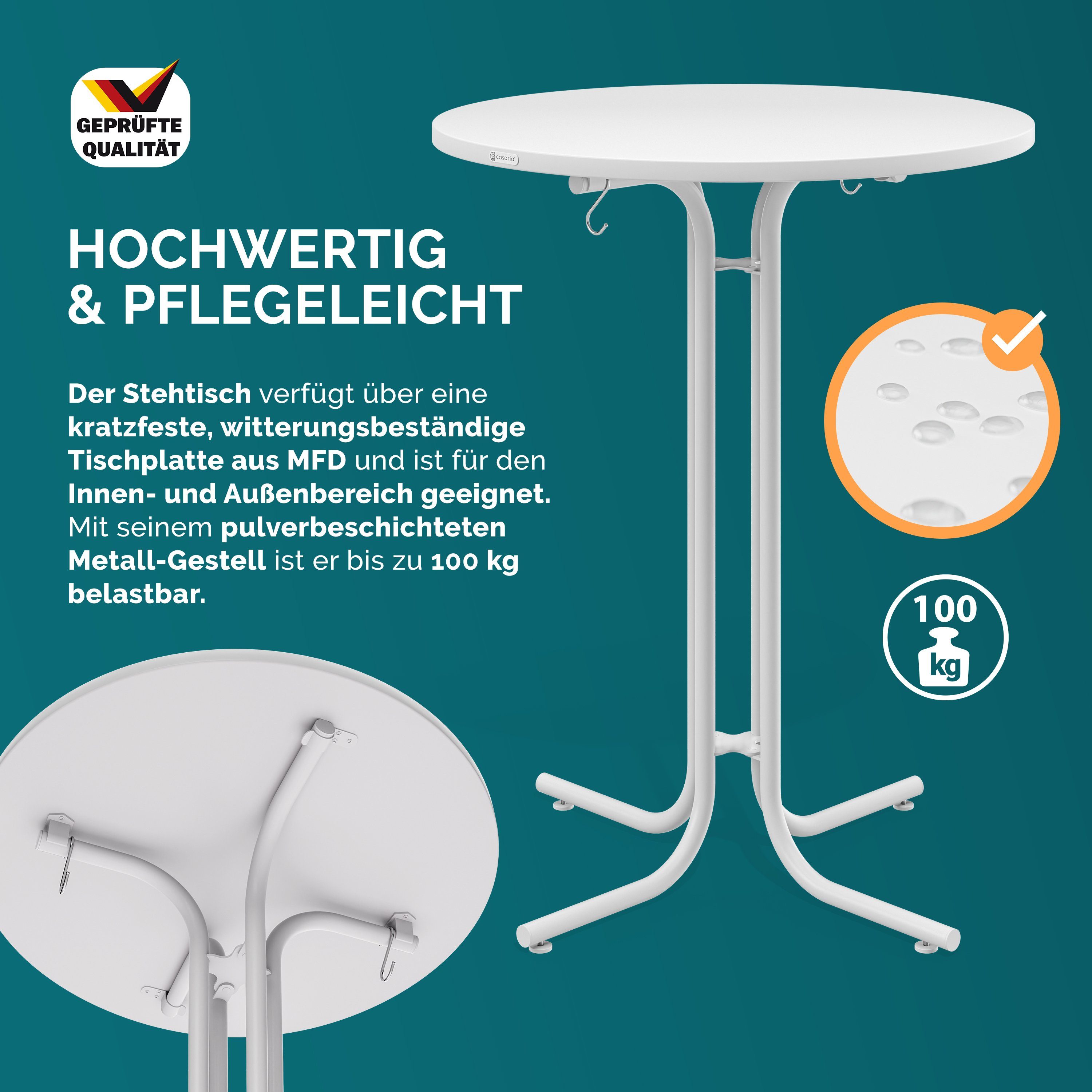 Casaria Stehtisch, Ø70x110 cm klappbar rund Garten Holz Metall Hochtisch Partytisch weiß