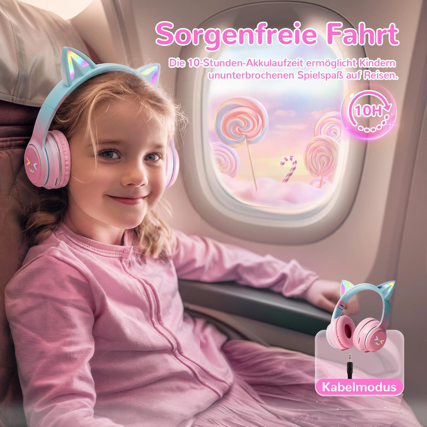 FOSMET Bluetooth Kopfhörer Kinder mit LED-Leuchten 60dBA Lautstärkebegrenzung Over-Ear-Kopfhörer (10 Stunden Spielzeit, Stereo-Sound, Kinderkopfhörer für Tablet/Reisen)