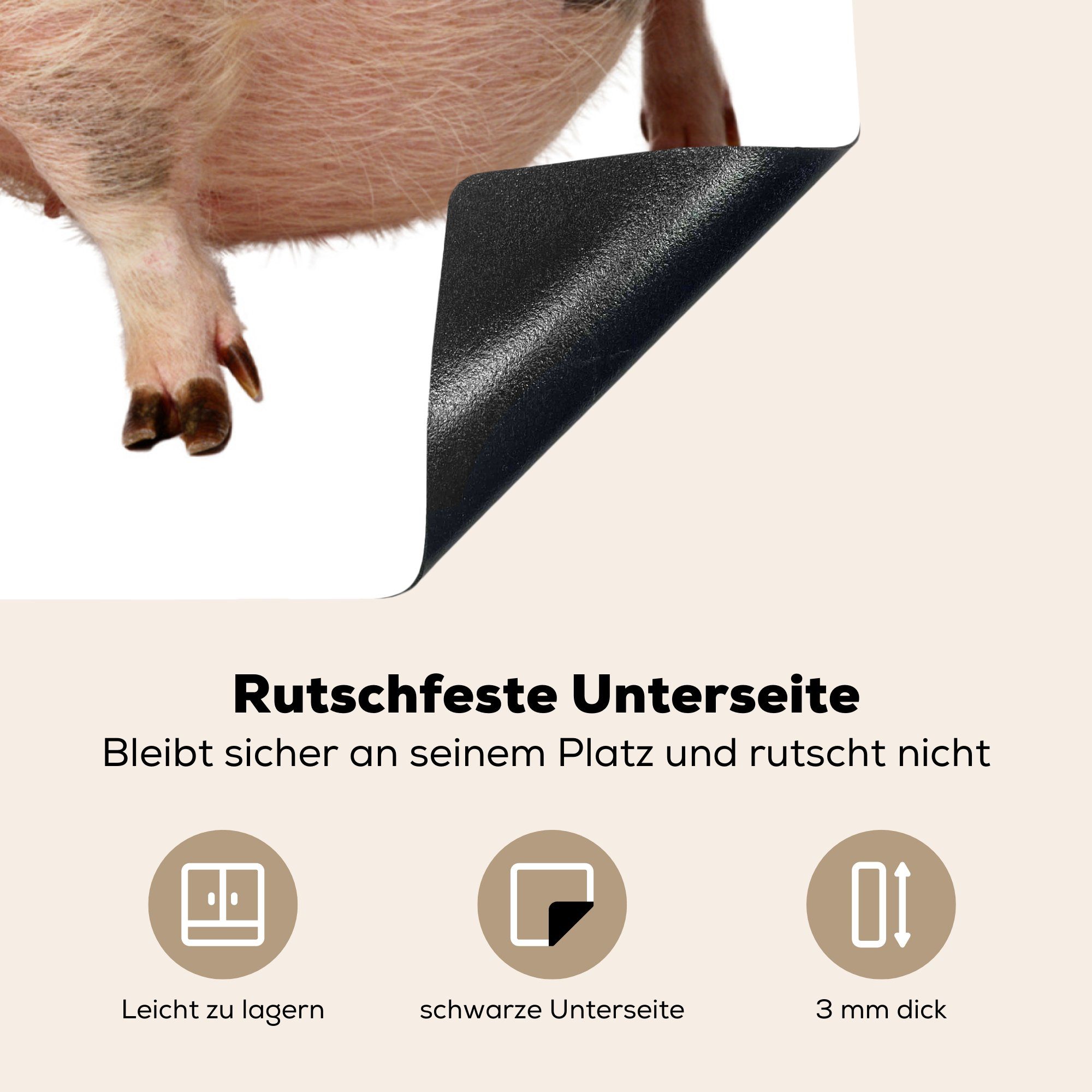 MuchoWow Herdblende-/Abdeckplatte Arbeitsfläche Mobile Vinyl, Hängebauchschwein Tiere, Ceranfeldabdeckung (1 tlg), nutzbar, - Weiß 70x52 cm, 