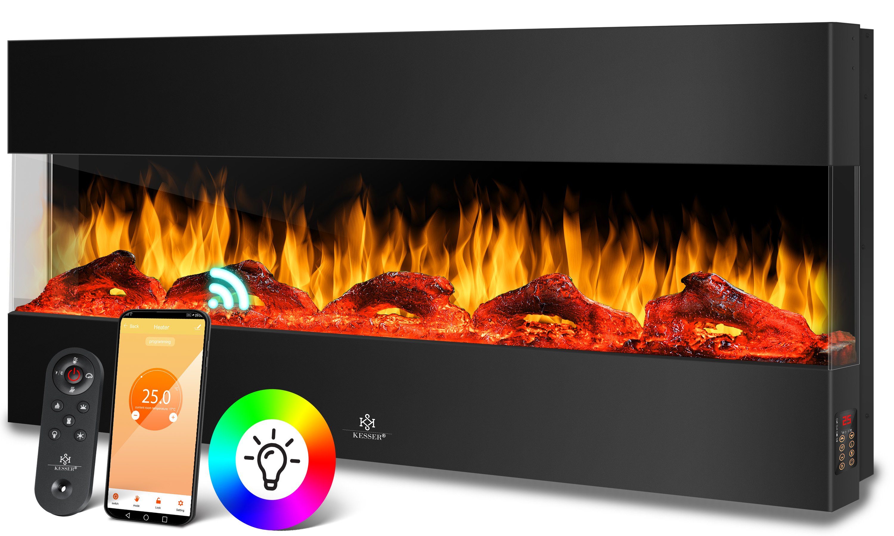 KESSER Elektrokamin, 3D mit Heizung 9 Farbmodi LED Flammeneffekt App & Fernbedienung