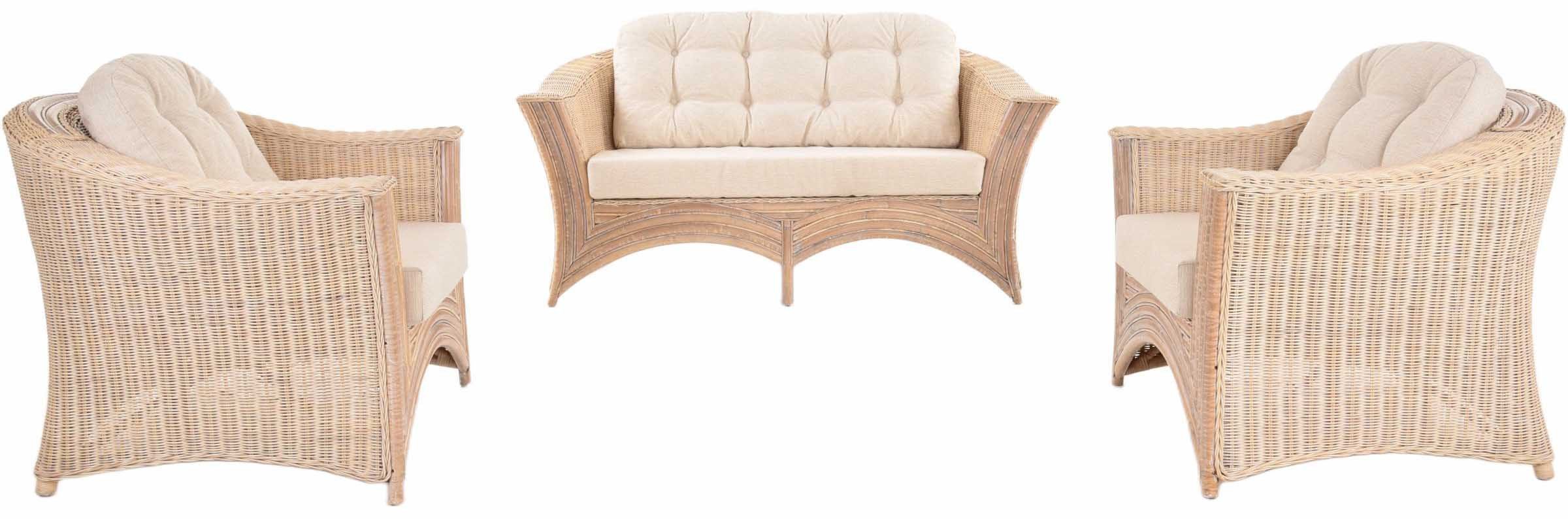 Krines Home Sitzgruppe Set Cohiba 1/1/2 Toast Weiss + Kissen S+R Jessy Beige, (3-tlg., 2x Sessel, 1x 2-Sitzer-Sofa), Sitzgruppe Rattanset Rattangruppe Rattanmöbel