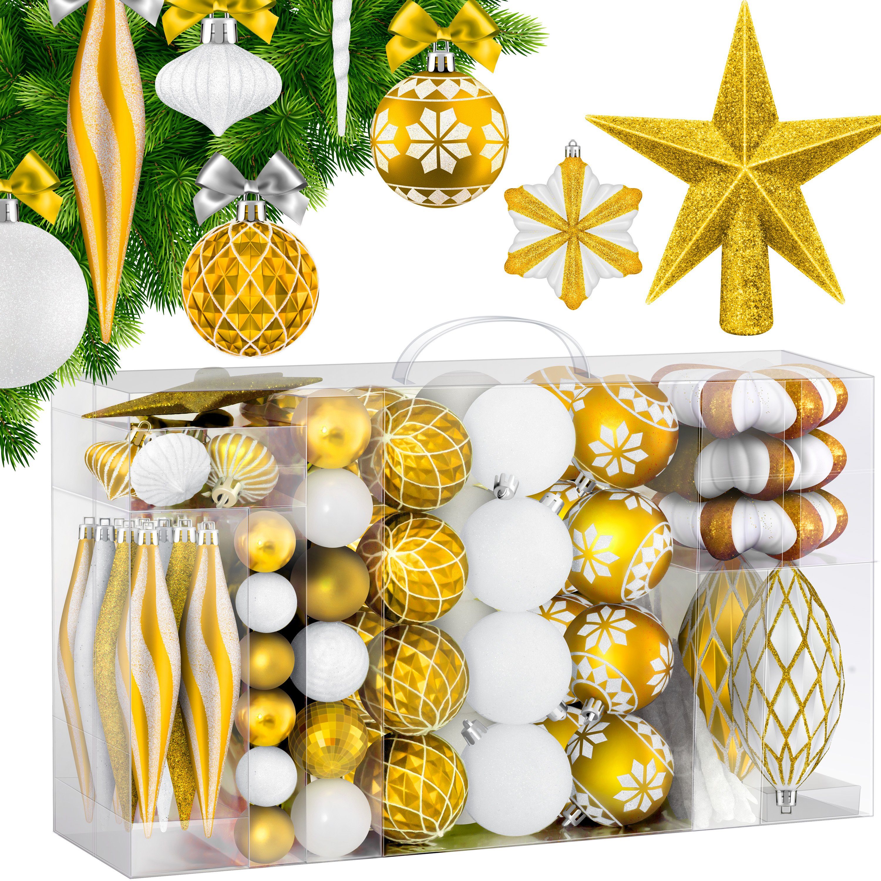 weiß gold Christbaumkugeln (135-tlg), / Set Christbaumschmuck Baumspitze KESSER Weihnachtskugeln 105-teiliges