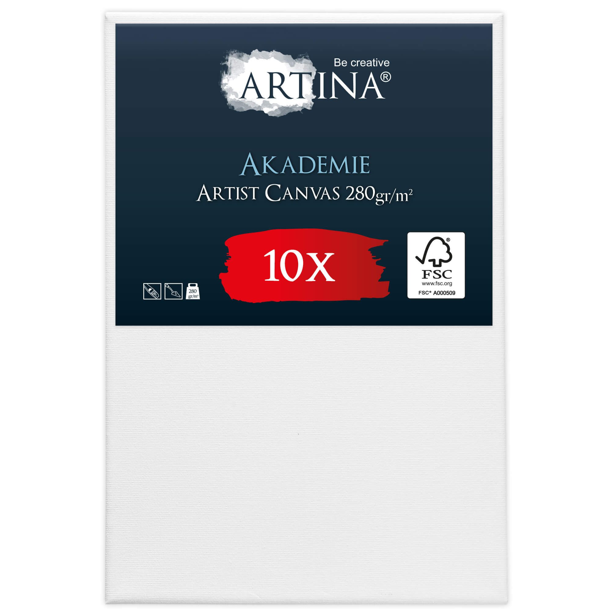 Artina Keilrahmen Keilrahmen Leinwand Akademie, 40x60cm, 10er Set, 100% Baumwolle Leinwände 280 g/m² für Acrylfarben Canvas