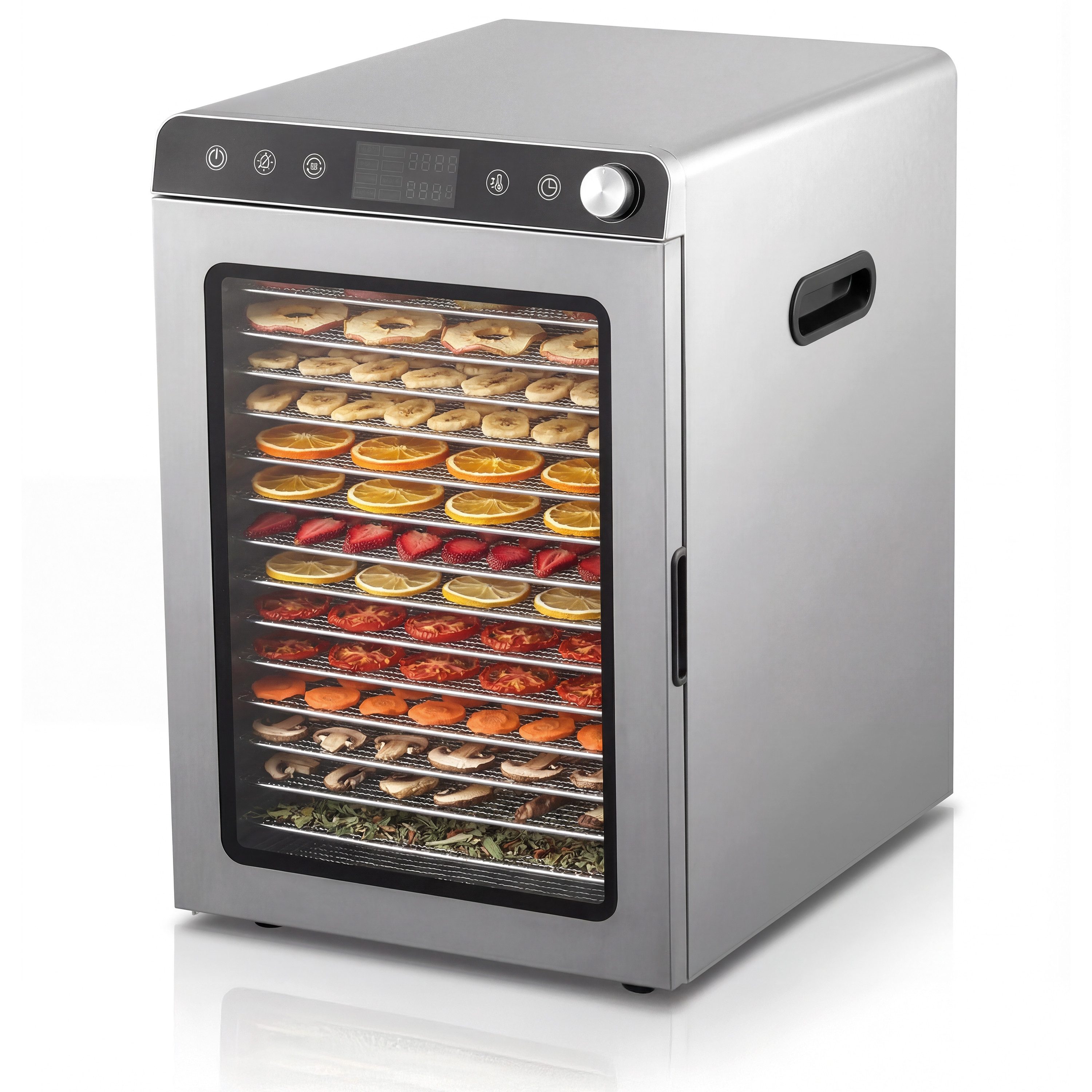 Arendo Dörrautomat Edelstahl, 16 Fächer, Temperaturregler 30°-85°C, Dörrgerät, Dehydrator 1000 W, 16 Etagen, Obst, Fisch, Fleisch Dörrapparat, Obsttrockner, Timer 0,5-24 Stunden