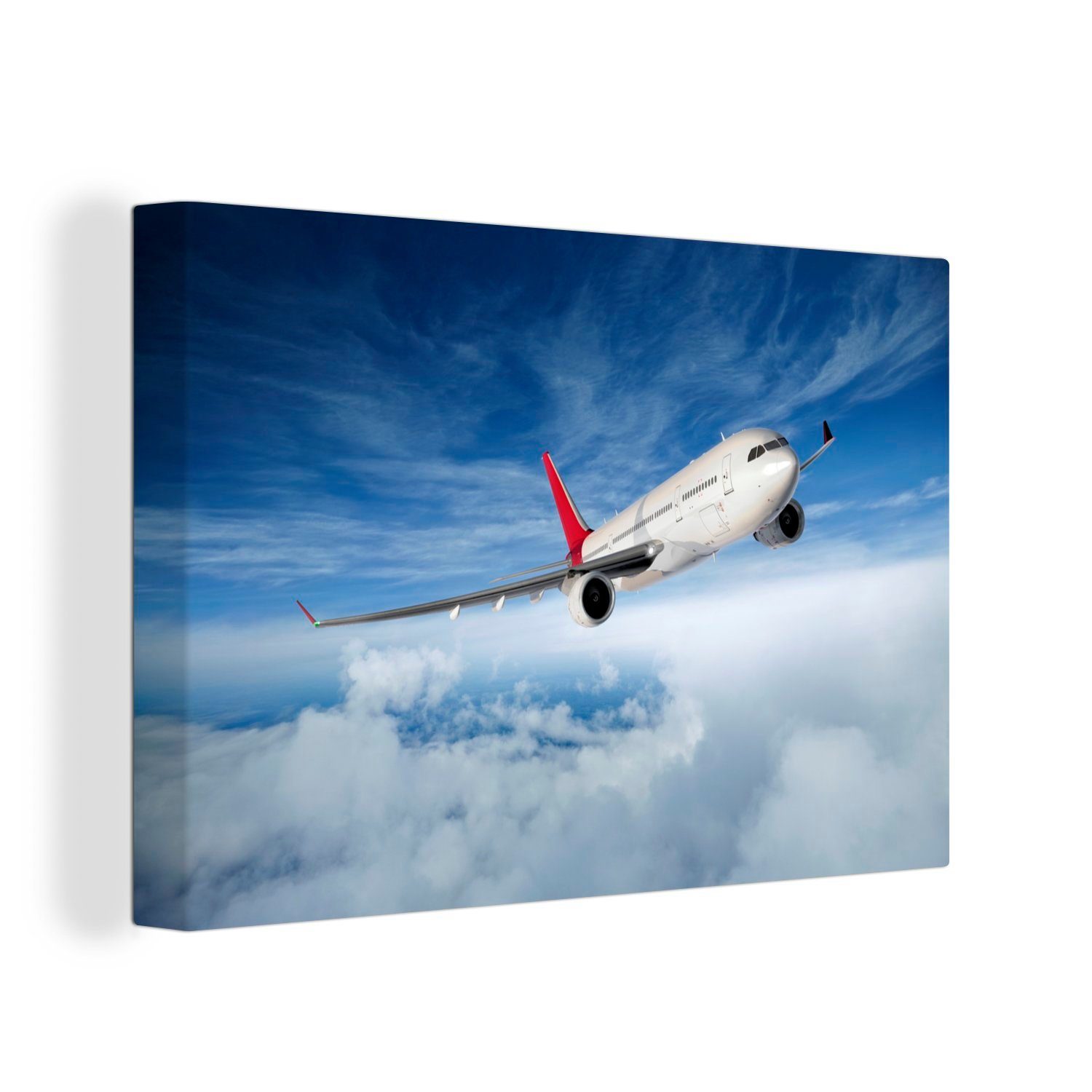 OneMillionCanvasses® Leinwandbild Eine Illustration eines Flugzeugs bei bewölktem Himmel, (1 St), Wandbild Leinwandbilder, Aufhängefertig, Wanddeko, 30x20 cm