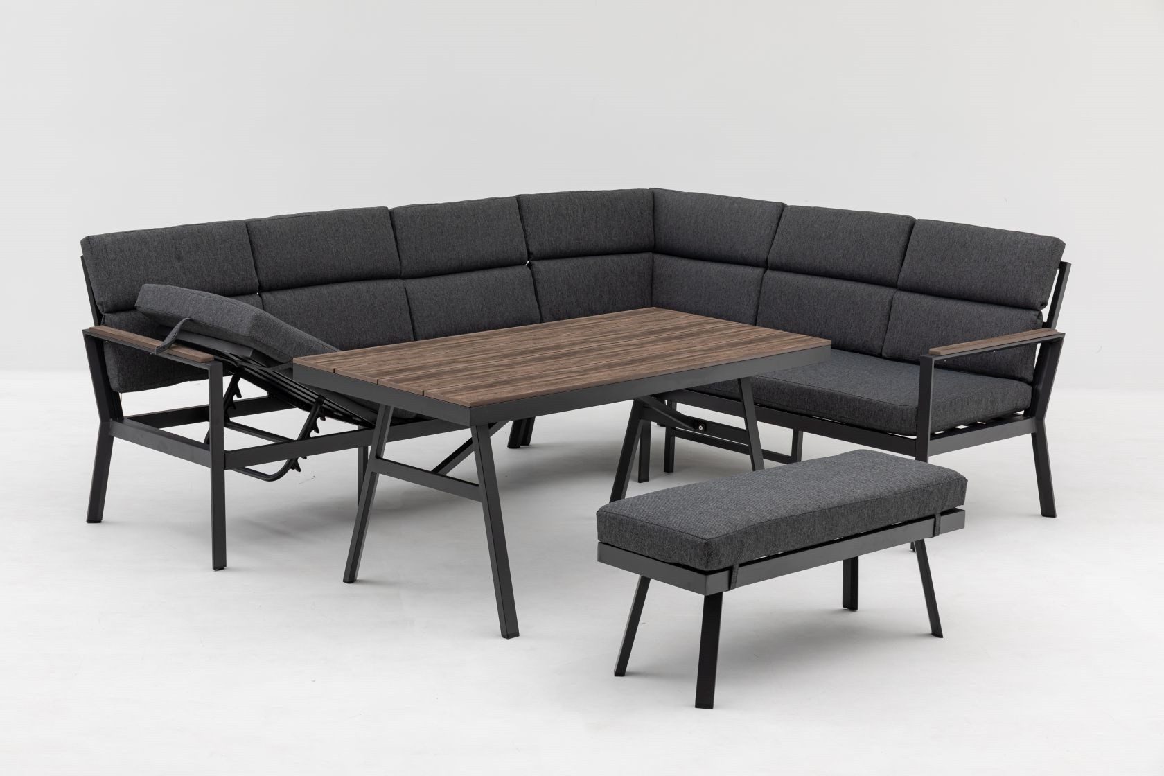 Gardissimo Gartenlounge-Set Nara Oak rechts / Gartenmöbelset / Dining Eck Lounge Set, (Spar-Set, 3-tlg., Alu, Ecklounge, Esstisch, Bank, inkl. Auflagen), Dining Höhe, Liegefunktion, wetterfest
