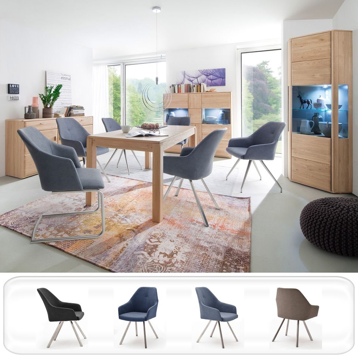 (Spar-Set, montiert 146, Kunstleder A1 expendio Eiche Wohnzimmer-Set Stuhl + 4x LED Torrent bianco 8-St), graublau