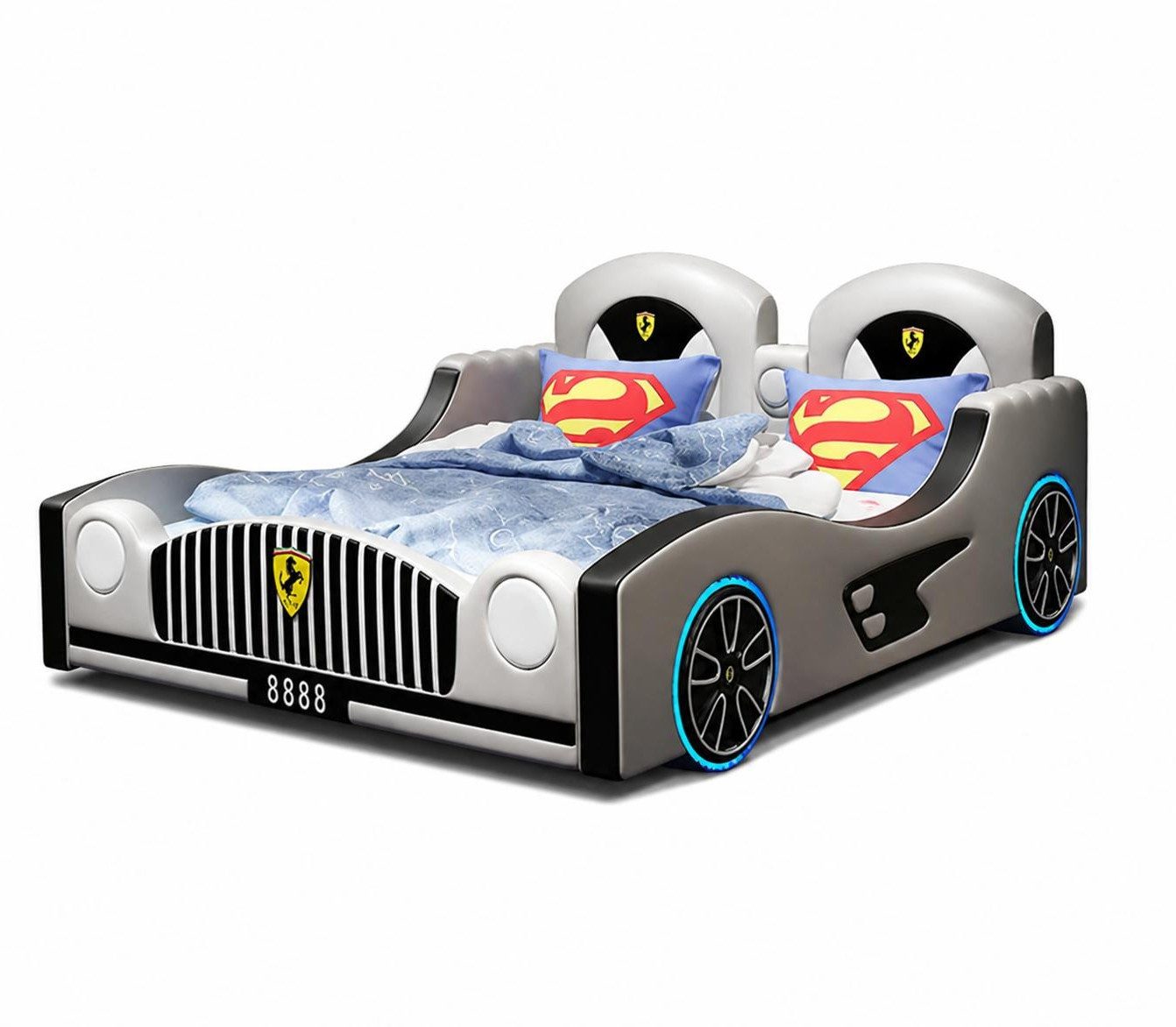 Xlmoebel Autobett Graues Kinderbett im Auto-Stil mit LED und Bluetooth-Sound, Made in Europa