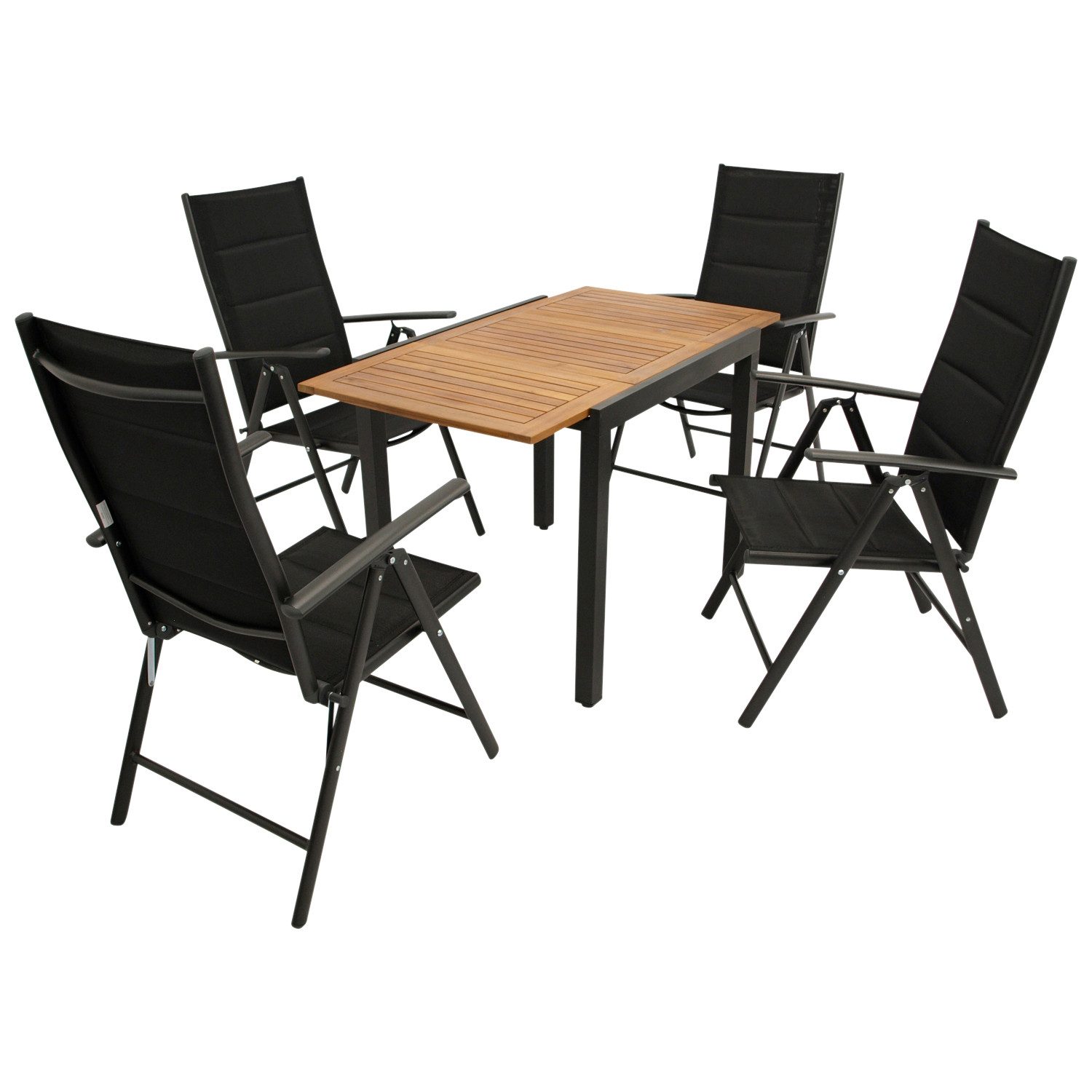 DEGAMO Garten-Essgruppe VICENZA 5-teilig, 4x Klappsessel, 1x Ausziehtisch 80/120x70cm, Alu anthrazit + Akazie