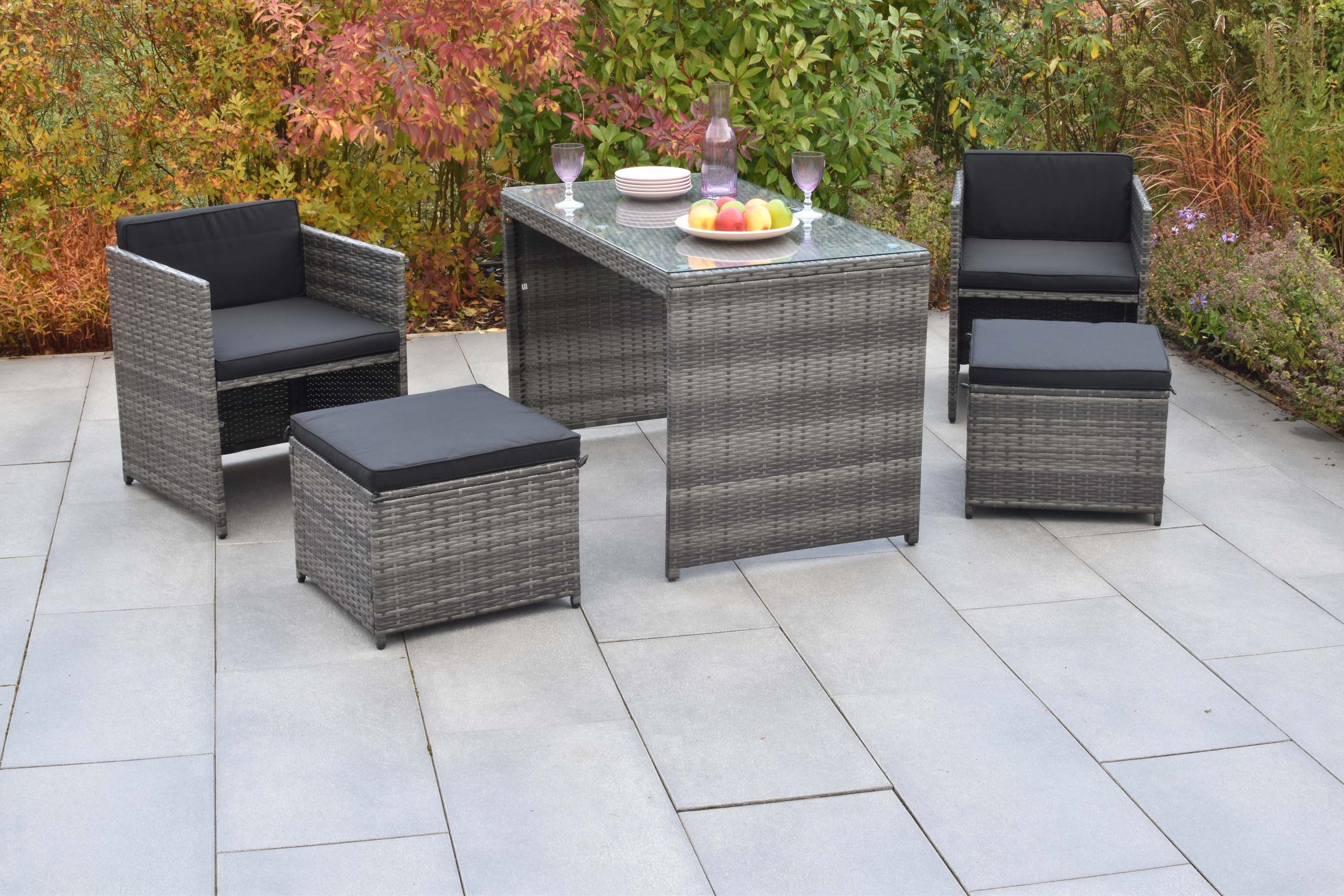 MERXX Garten-Essgruppe Merano, (Set, 5tlg), 2 Sessel inkl. Sitz- und Rückenkissen, 2 Hocker, Tisch 121,5 x 65 cm