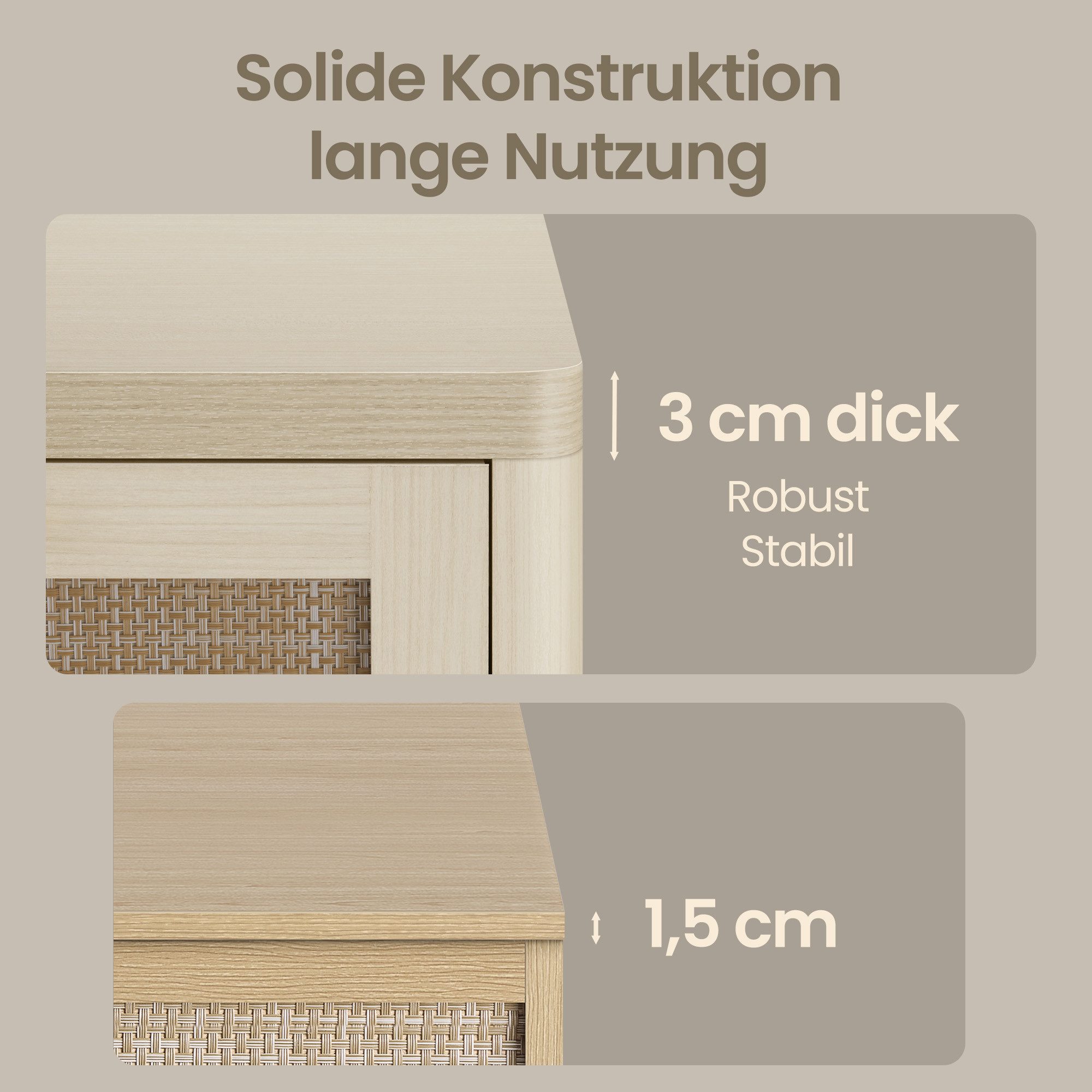 VASAGLE Nachttisch 2er Set Beistelltisch mit Schublade in Rattan-Optik, für Schlafzimmer neben dem Bett, Boho-Stil, mit offenem Fach – Bild 5 von 5