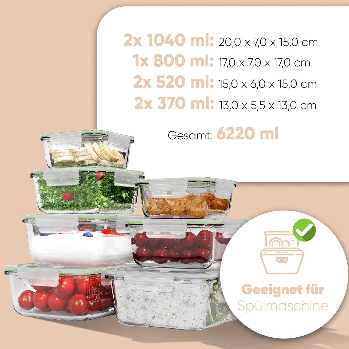 classbach Frischhaltedose C-FHD 4010 G, Frischhaltedosen Glas mit Deckel, 7er Set