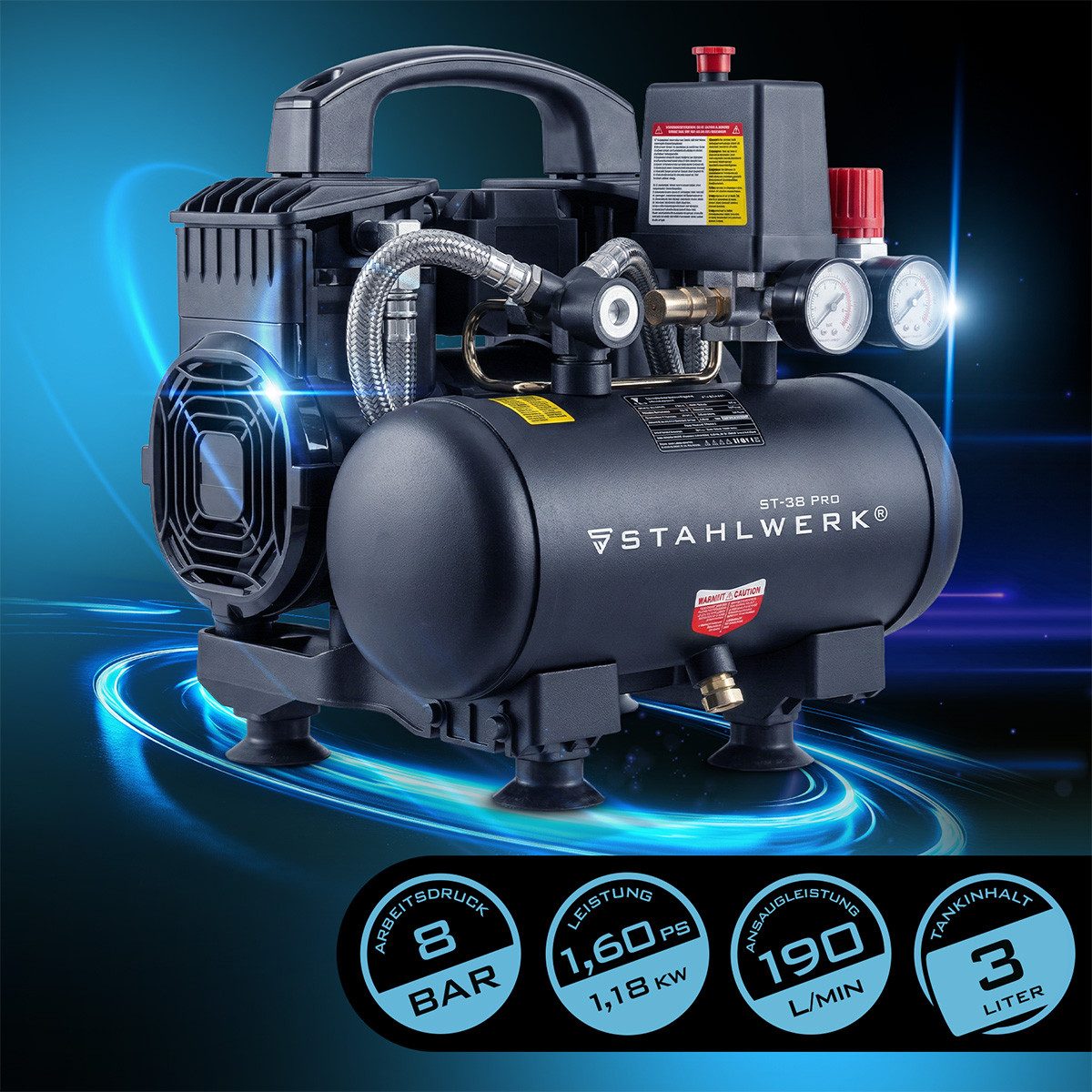 STAHLWERK Kompressor Kompressor 8 Bar 3 L 1,60 PS 1,18 kW 190 L Min Drucklu günstig online kaufen