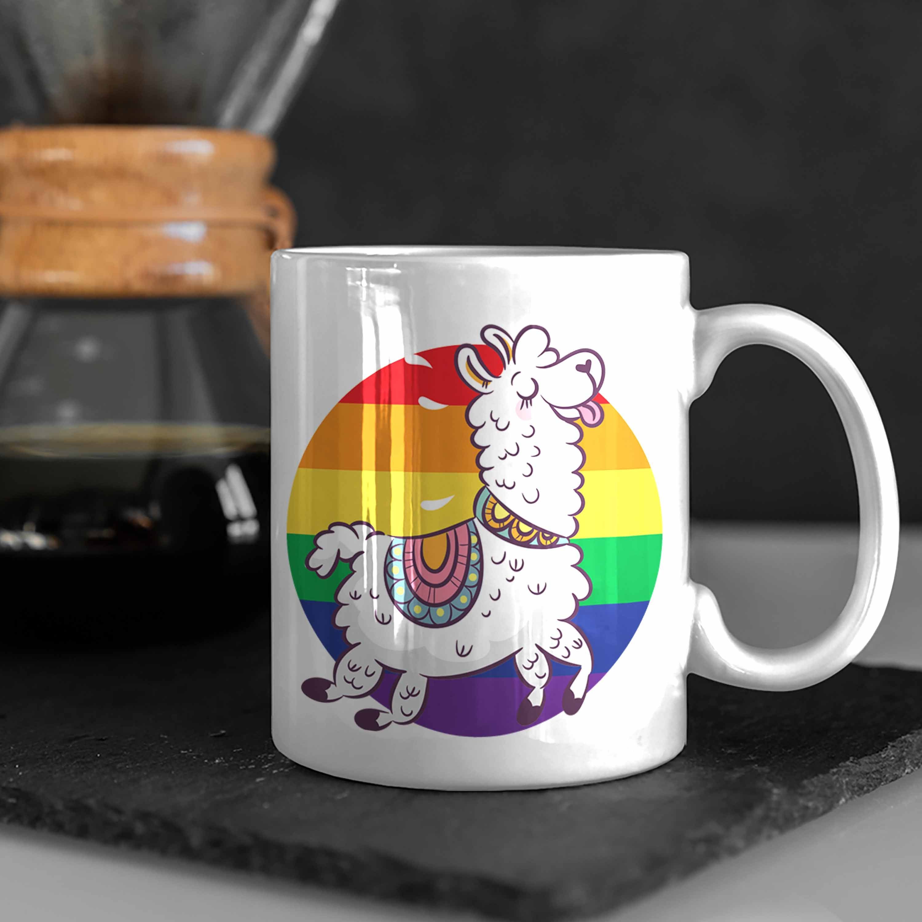 Trendation Tasse Trendation - Tolles Geschenk Tasse Grafik Pride Transgender Regenbogen Weiss Llama Schwule Lesben LGBT