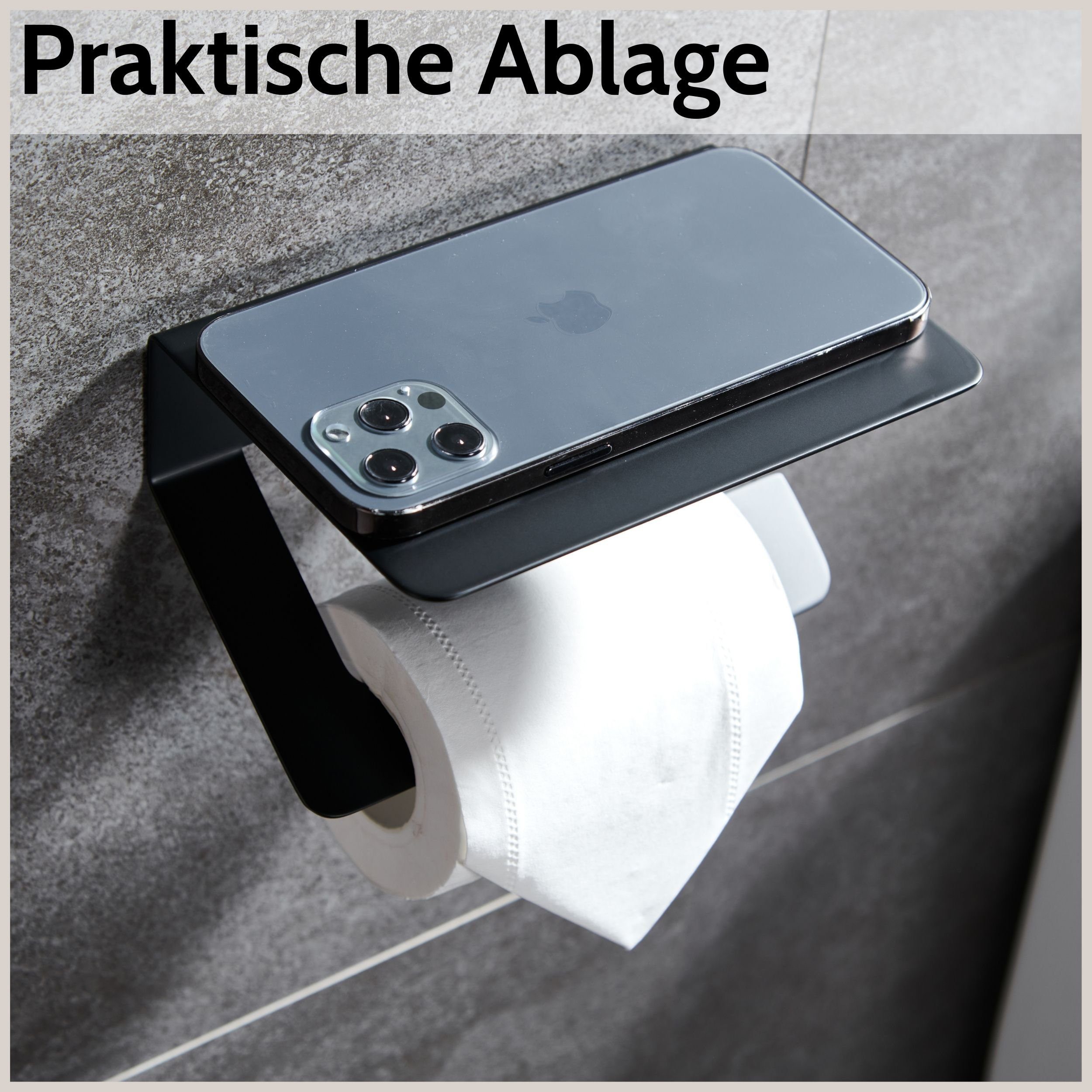 Bohren oder schwarz-matt Klopapierhalter DEKAZIA schwarz oder Edelstahl Toilettenpapierhalter, Ablage, mit Kleben