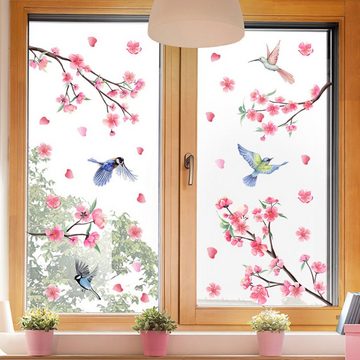 HIBNOPN Fensterdekoration Fensteraufkleber Blumen Fenster Kirschblüte Vögel Fensterbild