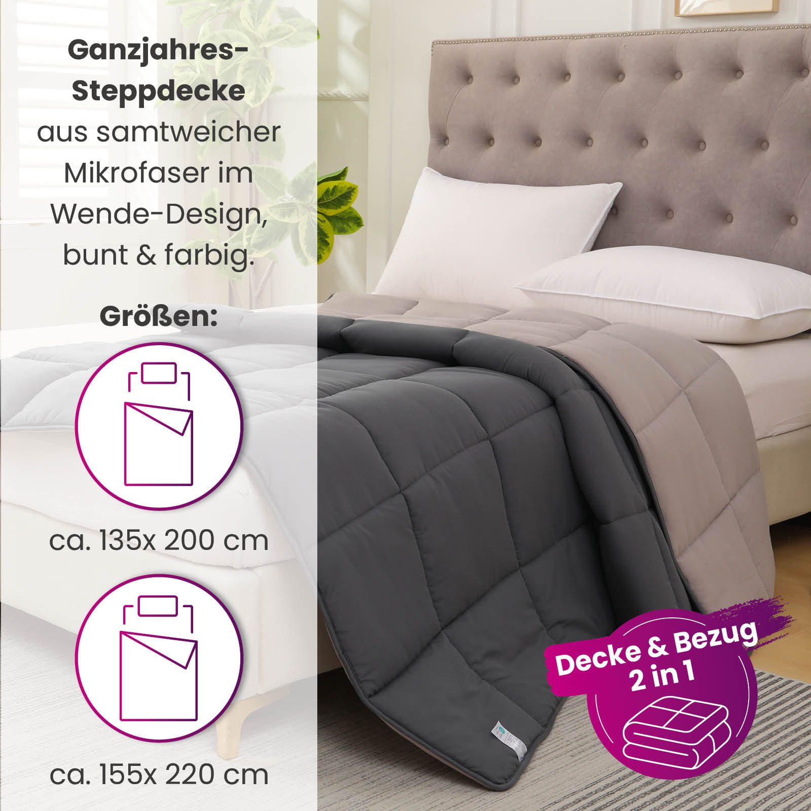 wometo Microfaserbettdecke Ganzjahr Steppbett Bi-Color 135x200 cm, Füllung: Kunstfaser, OEKO-TEX®, gesteppte Bettdecke für Herbst & Winter