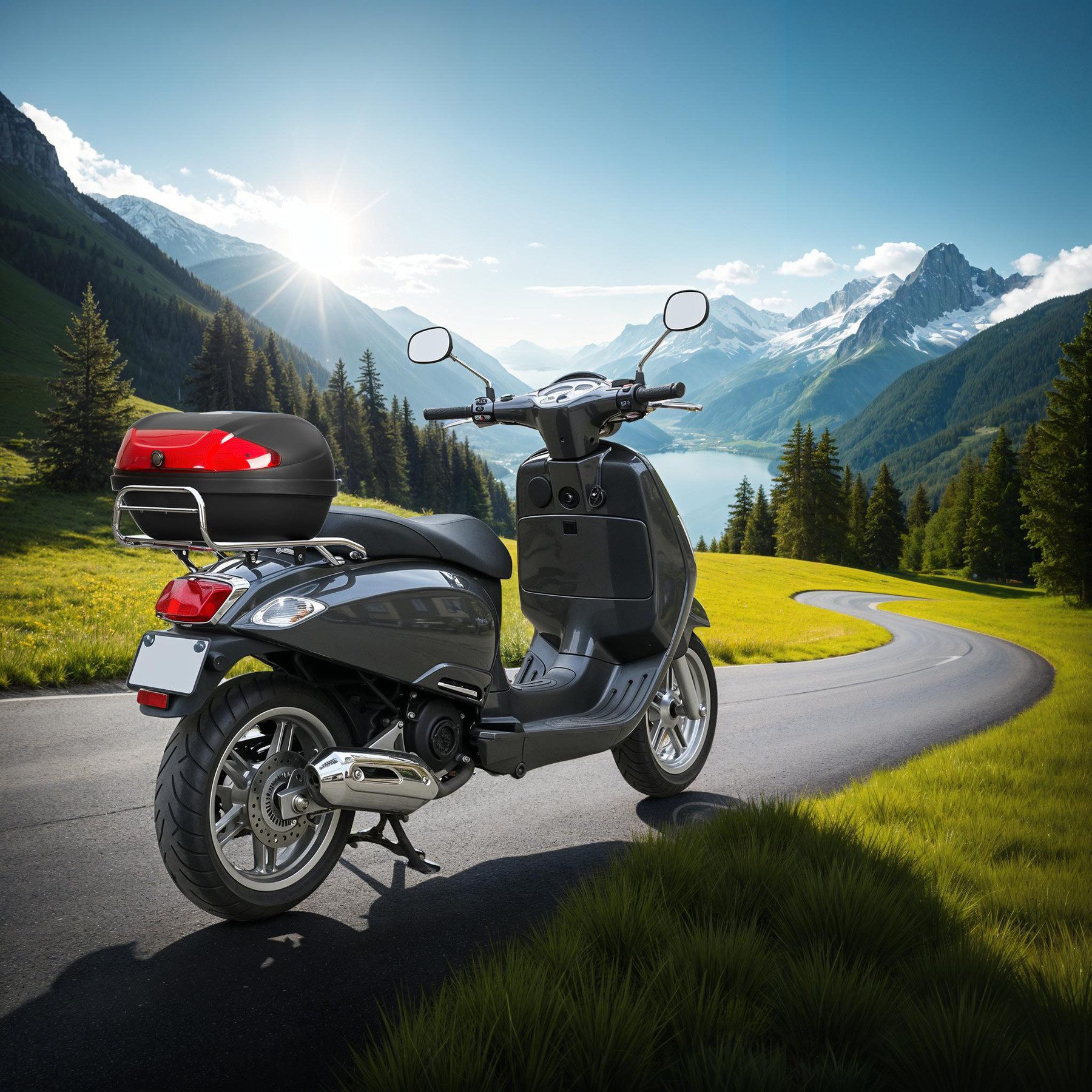 tectake Topcase Motorradkoffer mit Sicherheitsschloss, kleiner und großer Reflektor, (Roller Koffer Matze, in schwarz), Volumen 48 l, Platz für 2 Helme, robust und spritzwassergeschützt