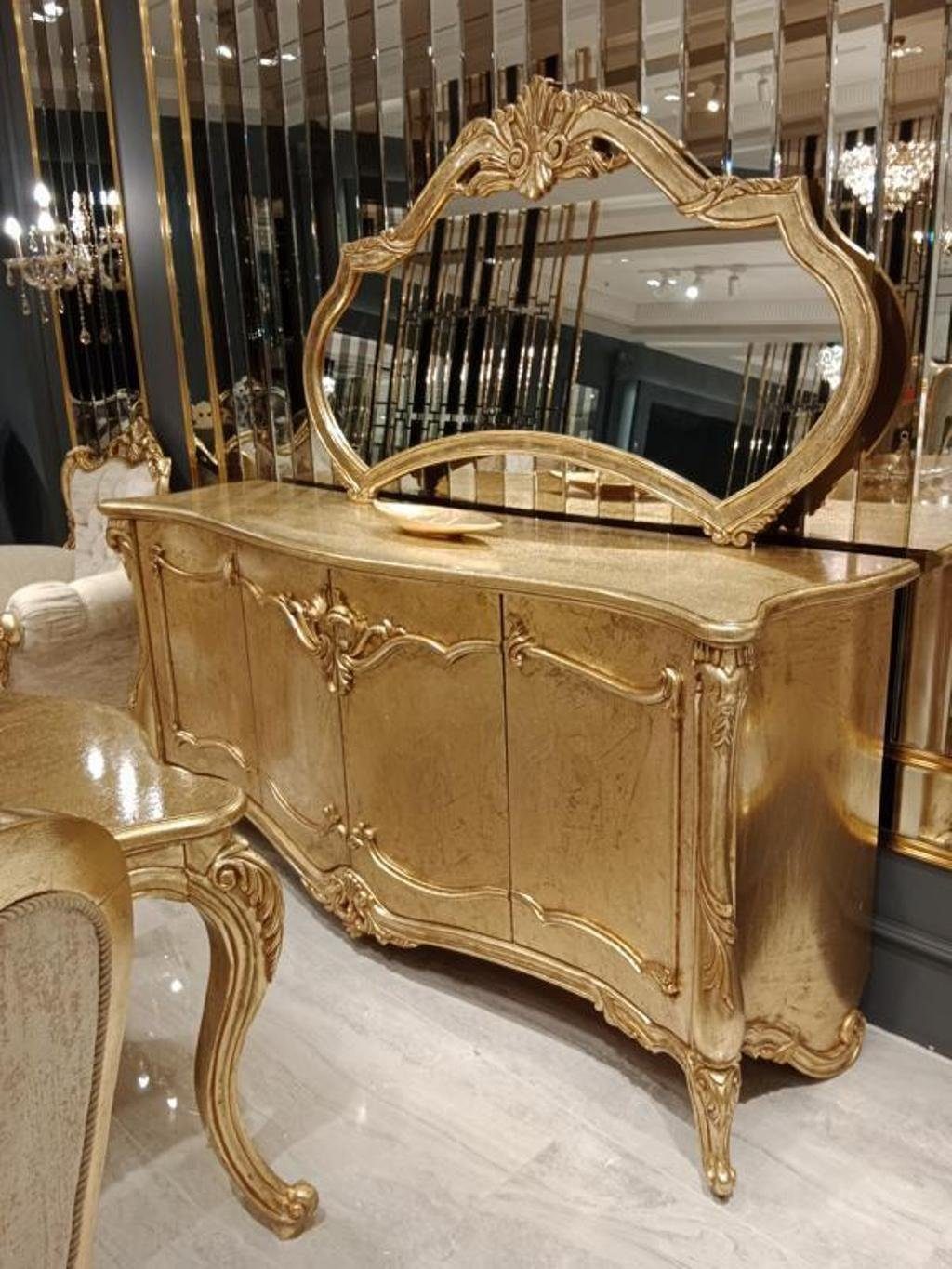 mit + + 6x JVmoebel Spiegel Stühle in + Gold Spiegel), Europe mit Made Esszimmer-Set Esstisch Kommode, Anrichte 6x Esstisch Klassisch Stühle + (8-St., Anrichte