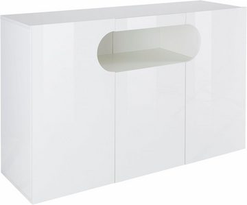 INOSIGN Sideboard Real,Vitrine,Kommode,Schrank,Breite 130 cm komplett hochglanz lackiert, mit 3Türen davon 2 abgerundet, die ein ovales offenes Fach bilden