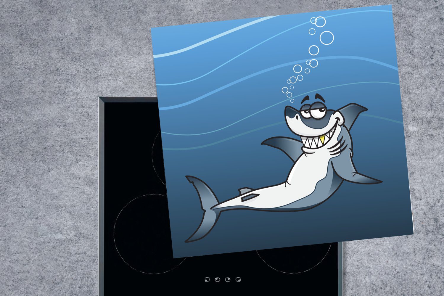 MuchoWow Herdblende-/Abdeckplatte Eine tlg), weißen 78x78 (1 cm, Illustration Meer, küche Vinyl, Arbeitsplatte Hais im für Ceranfeldabdeckung, eines lachenden