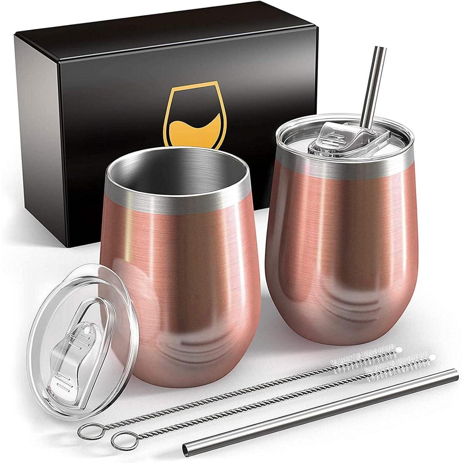LuxusKollektion Weinglas Weinbecher Edelstahl 2er 12oz ToGo Vakuumisoliert BPAfrei Roségold