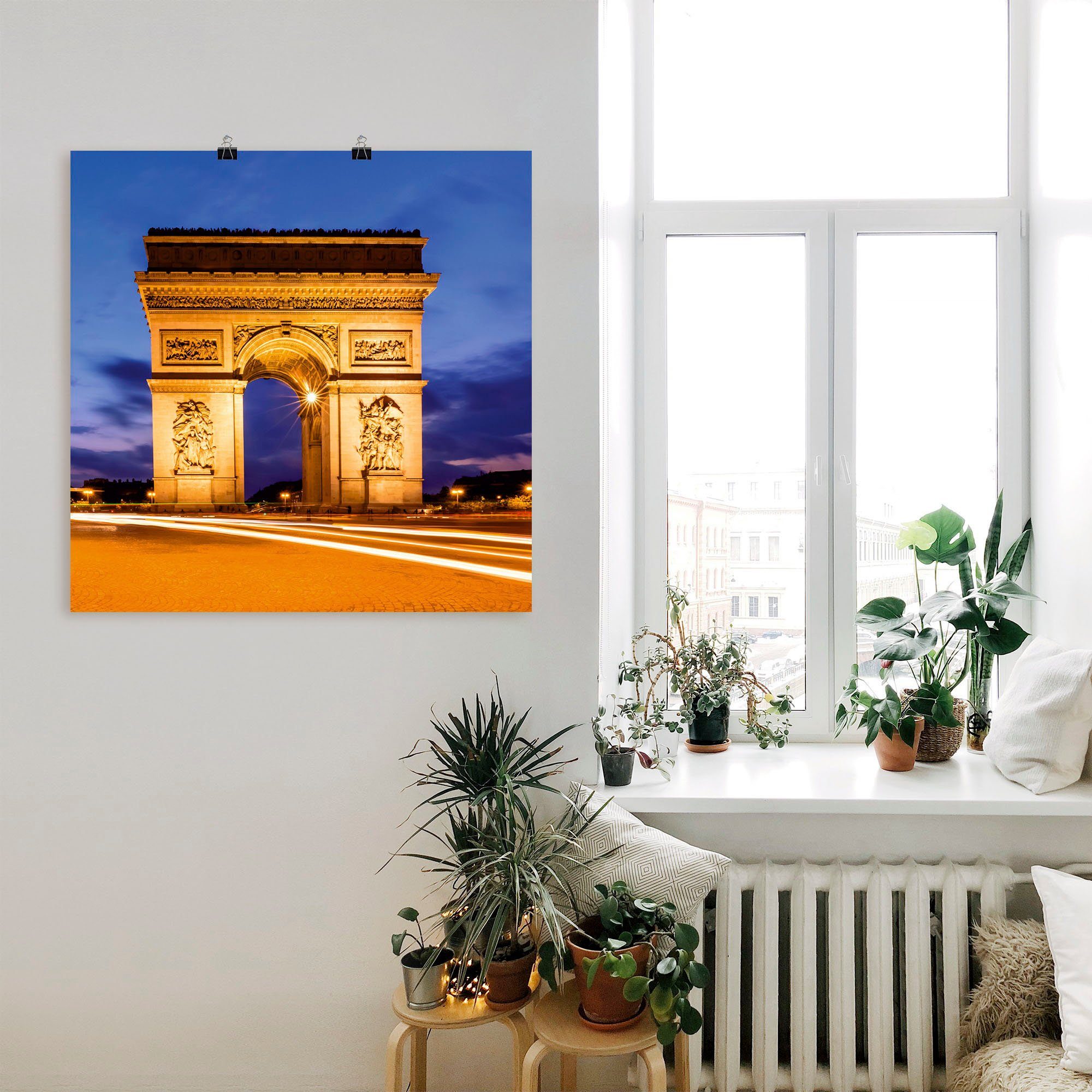 am Abend, (1 versch. Alubild, Poster St), Artland Paris in Größen Wandaufkleber als oder Leinwandbild, Gebäude Triumphbogen Wandbild