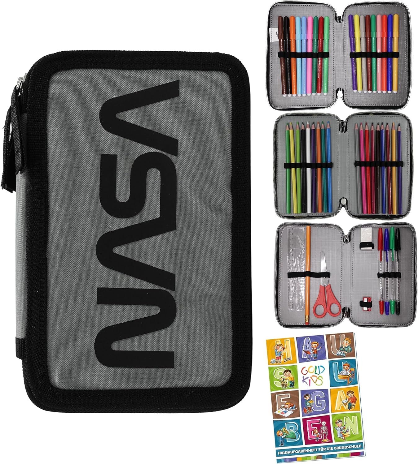 GOLDKIDS Federmäppchen NASA Federmappe Federmäppchen Federtasche XXL, (Schüleretui Federtasche Federpenal, 1-tlg., Schulmäppchen grau 3 Fächer 45-teilig), gefüllt inkl Hausaufgabenheft