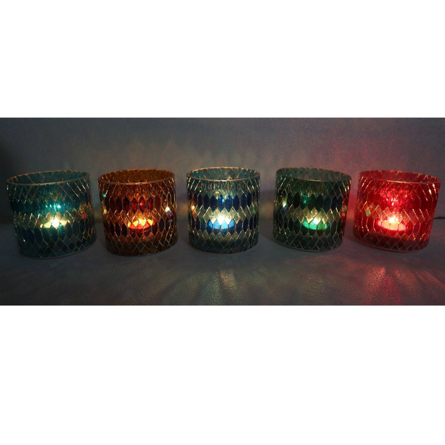 Casa Moro Windlicht Marokkanisches Mosaik Glas-Windlicht Rayan M 5er Set in 5 Farben (Weihnachten Kerzenhalter Boho Chic Kerzenständer, Teelichthalter rund in den Farben Rot, Blau, Gelb, Grün, Dunkelblau), Kunsthandwerk pur für einfach schöner wohnen