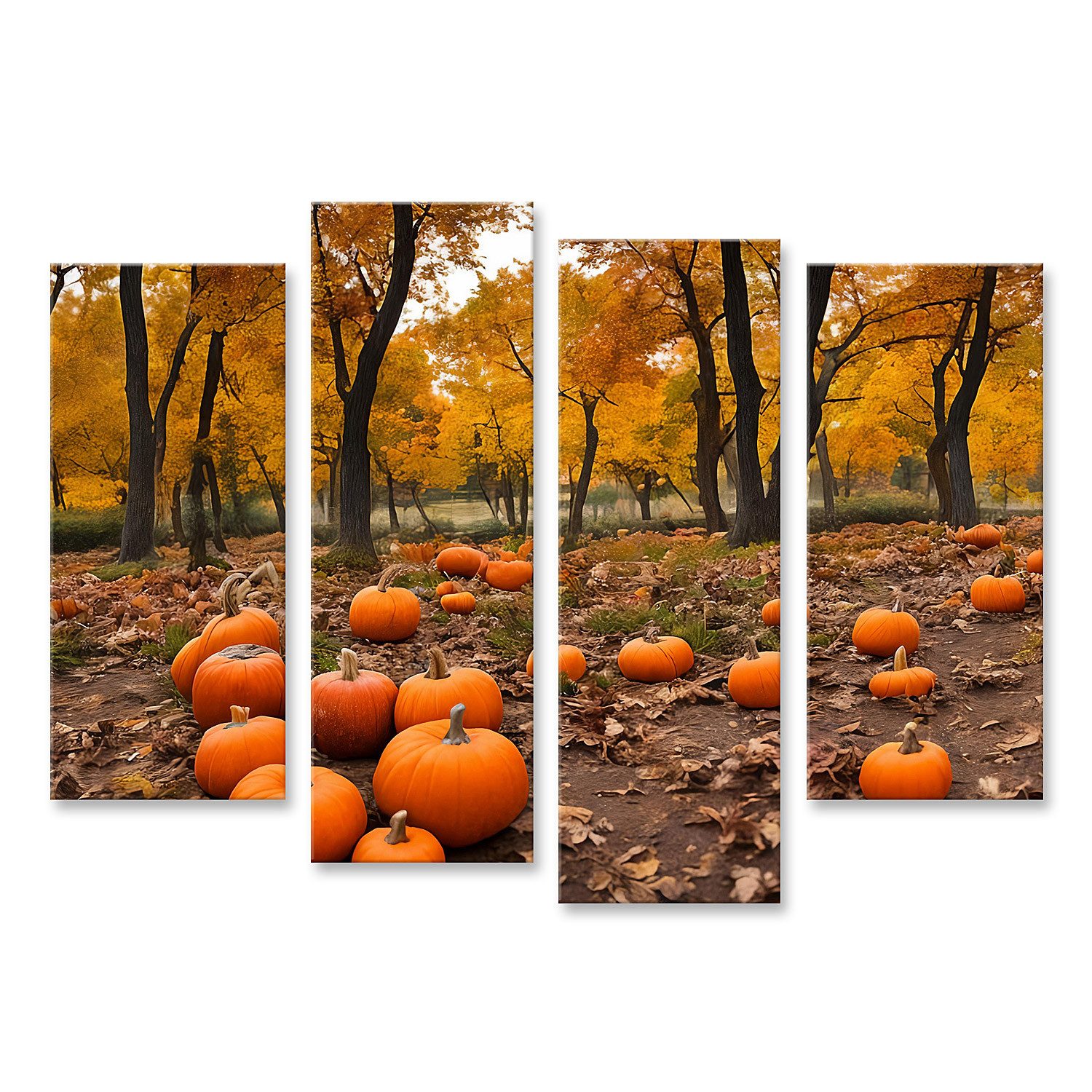 islandburner Leinwandbild Verzauberter Novemberwald mit leuchtender Halloween-Kürbisernte entfal