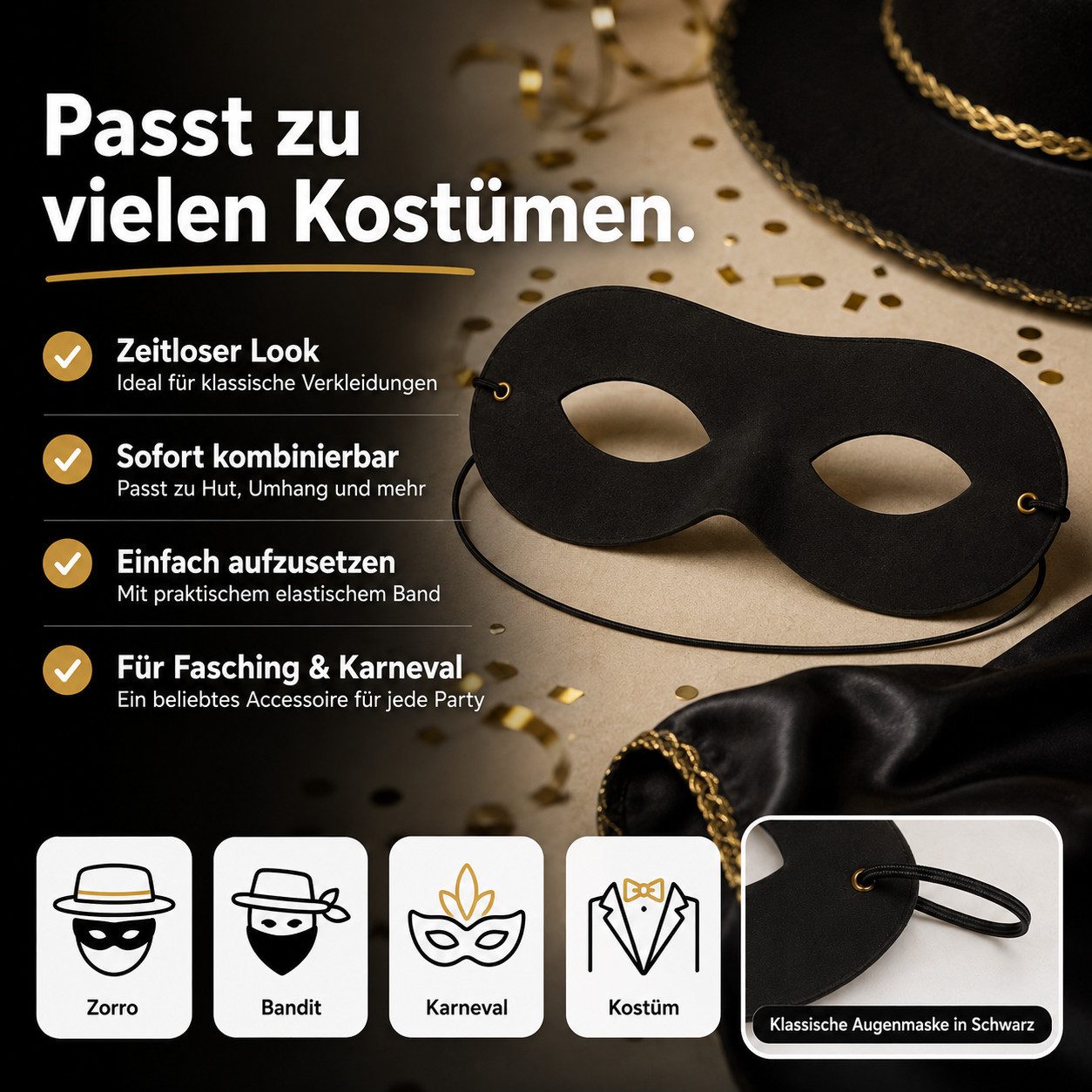 Kostümheld® Verkleidungsmaske 1x Bandit Augenmaske - Zorro, Einbrecher Maske Fasching & Karneval, (Packung)